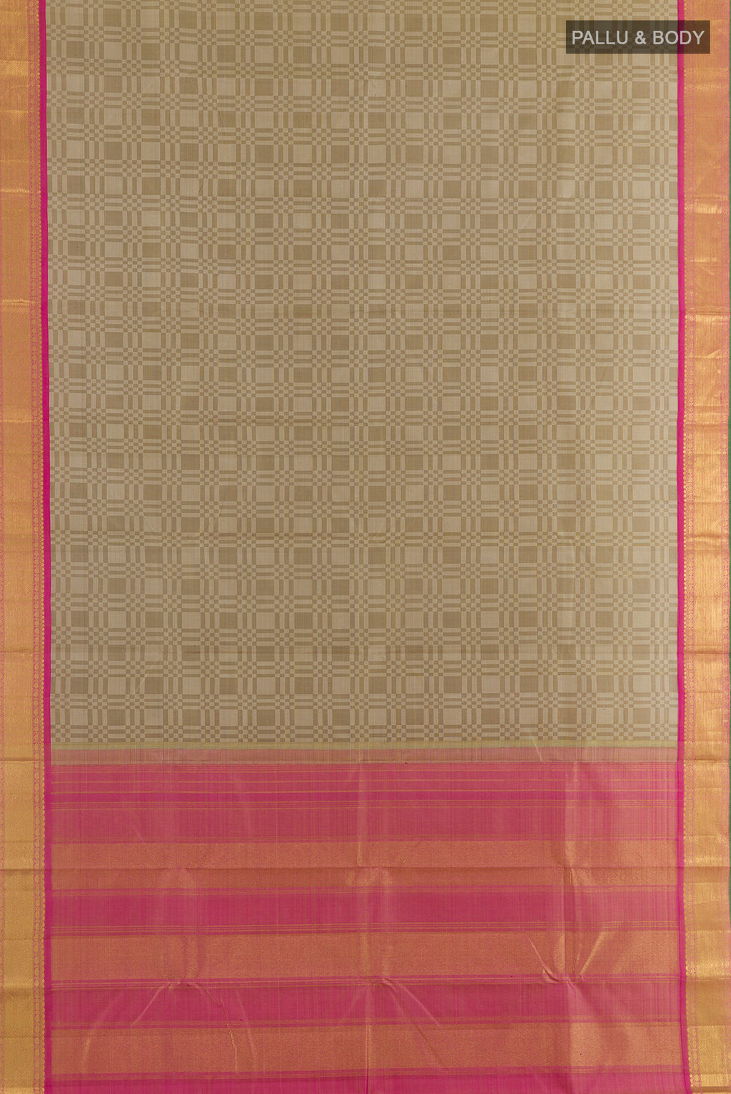 Flat view of Pure Silk Beige Kanjivaram Saree with Jacquard design on the body and Zari Border. 