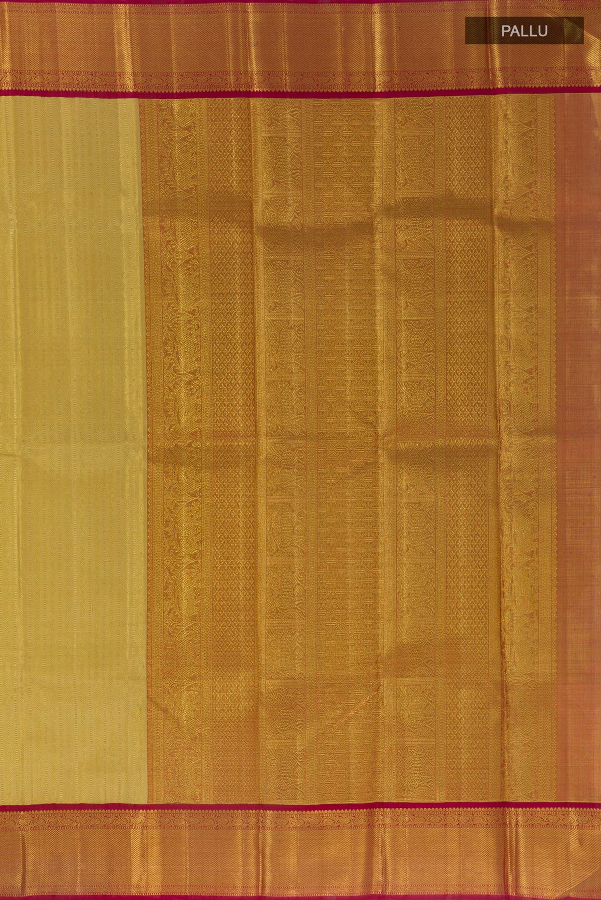 Close up image of the pallu of Pure Silk Golden Kanjivaram Saree with Zari Brocade on the body and Zari Border. 