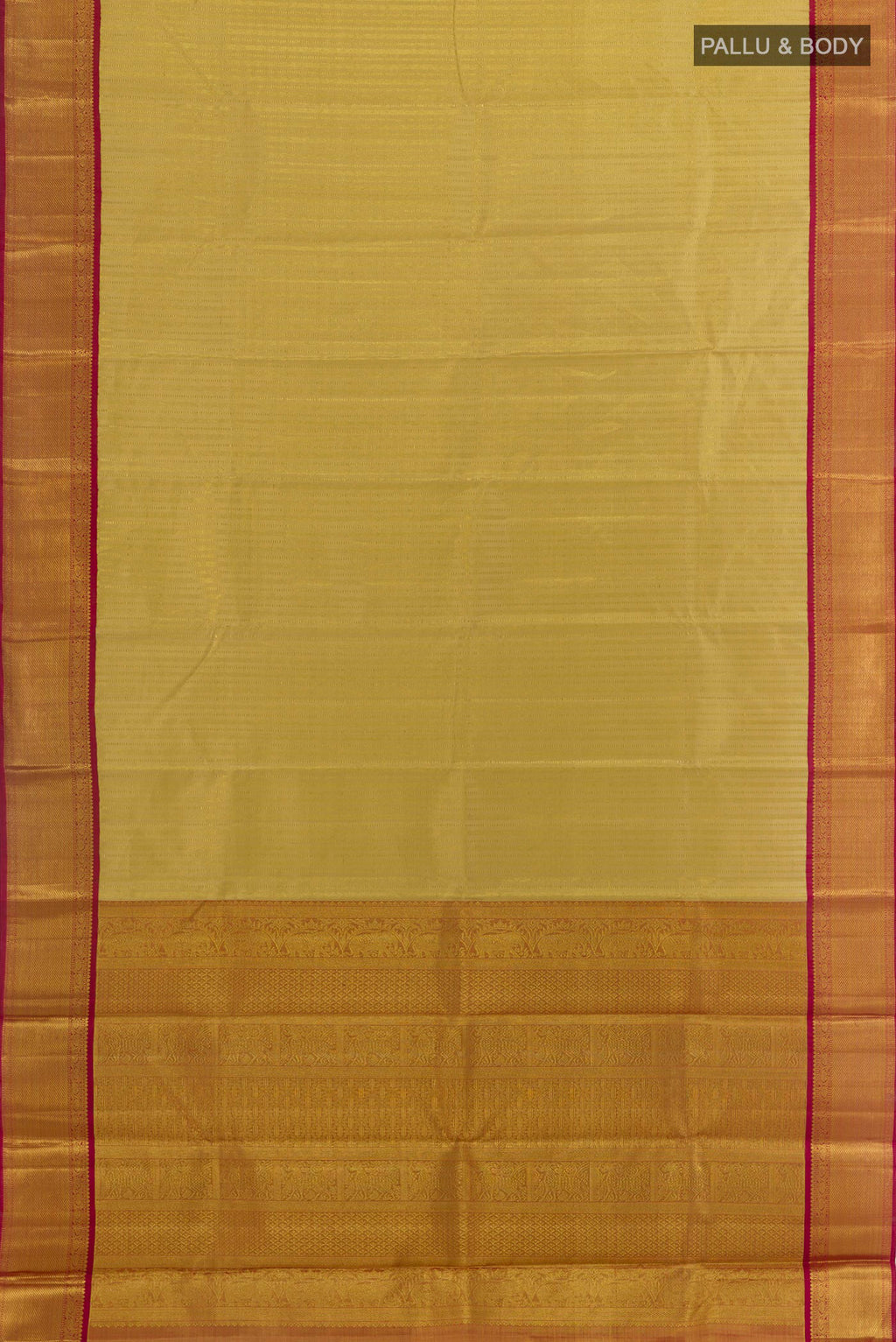 Flat view of Pure Silk Golden Kanjivaram Saree with Zari Brocade on the body and Zari Border. 