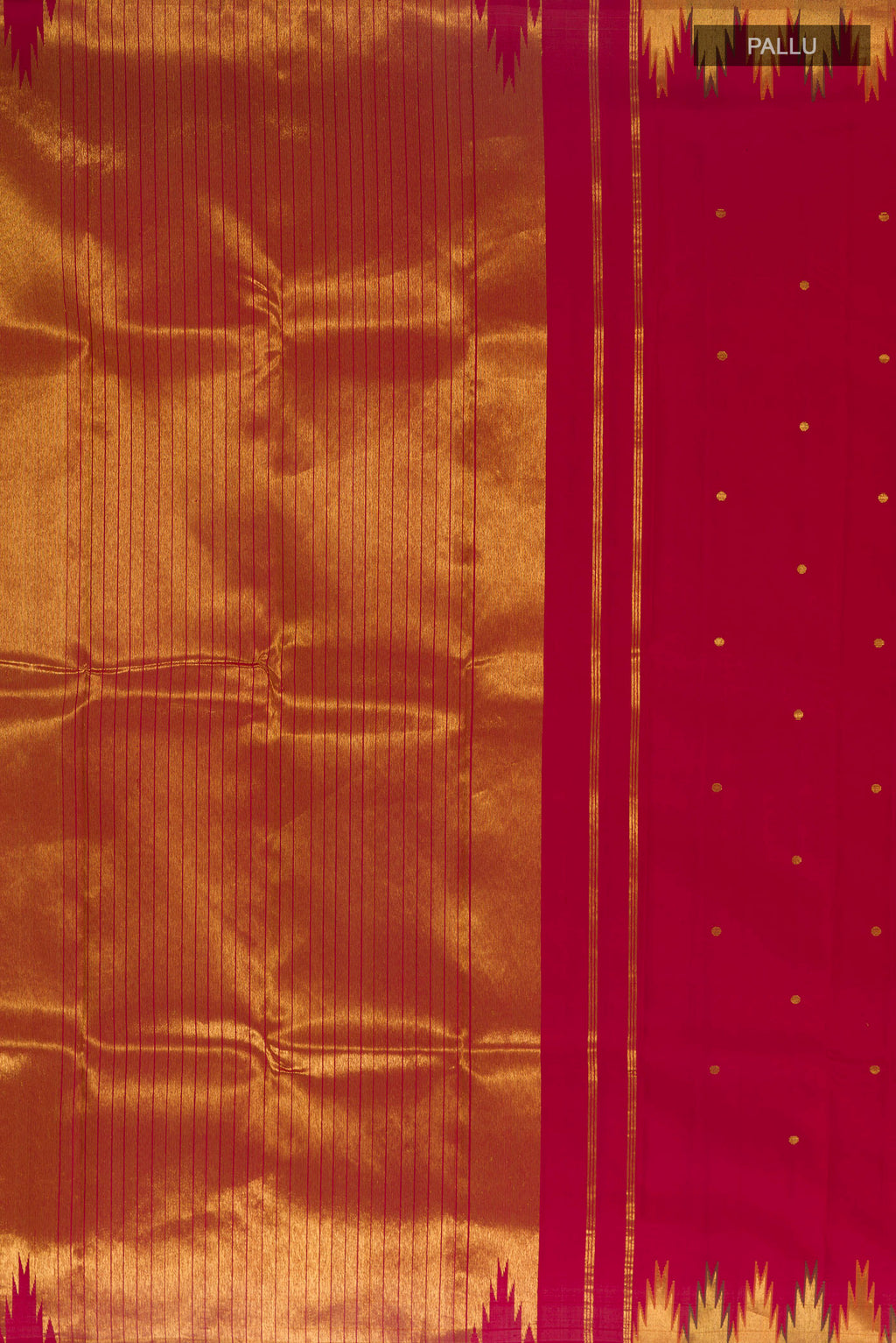 Close up image of the pallu of Pure Silk Red Kanchipuram Saree with Zari Butta on the body and Temple Border. 