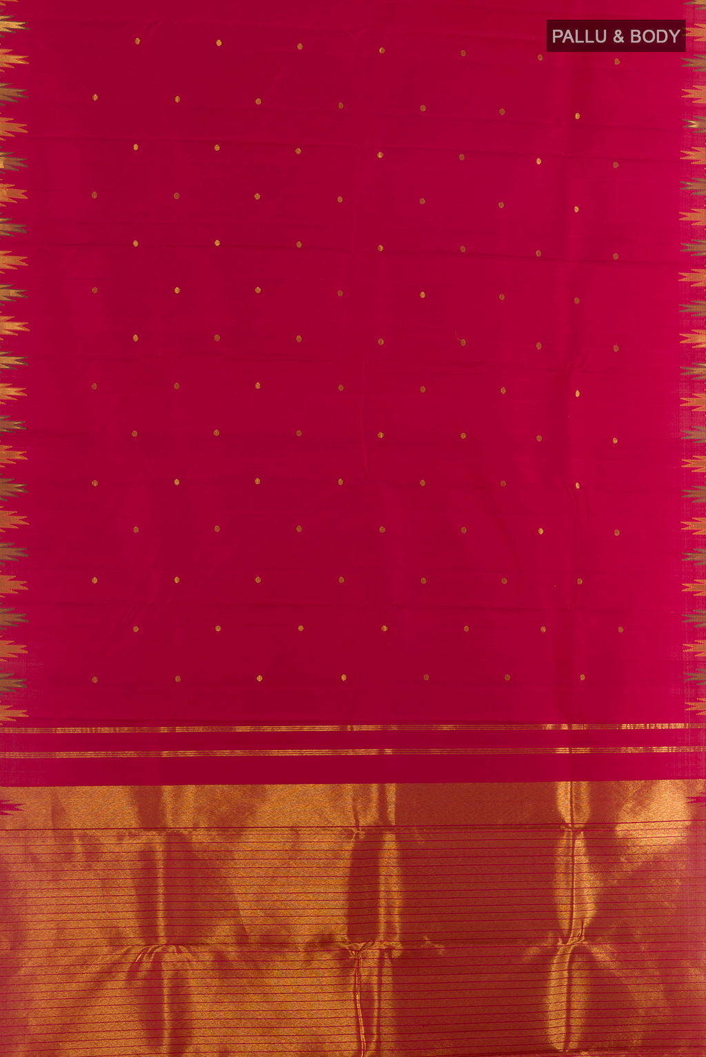 Flat view of Pure Silk Red Kanchipuram Saree with Zari Butta on the body and Temple Border. 