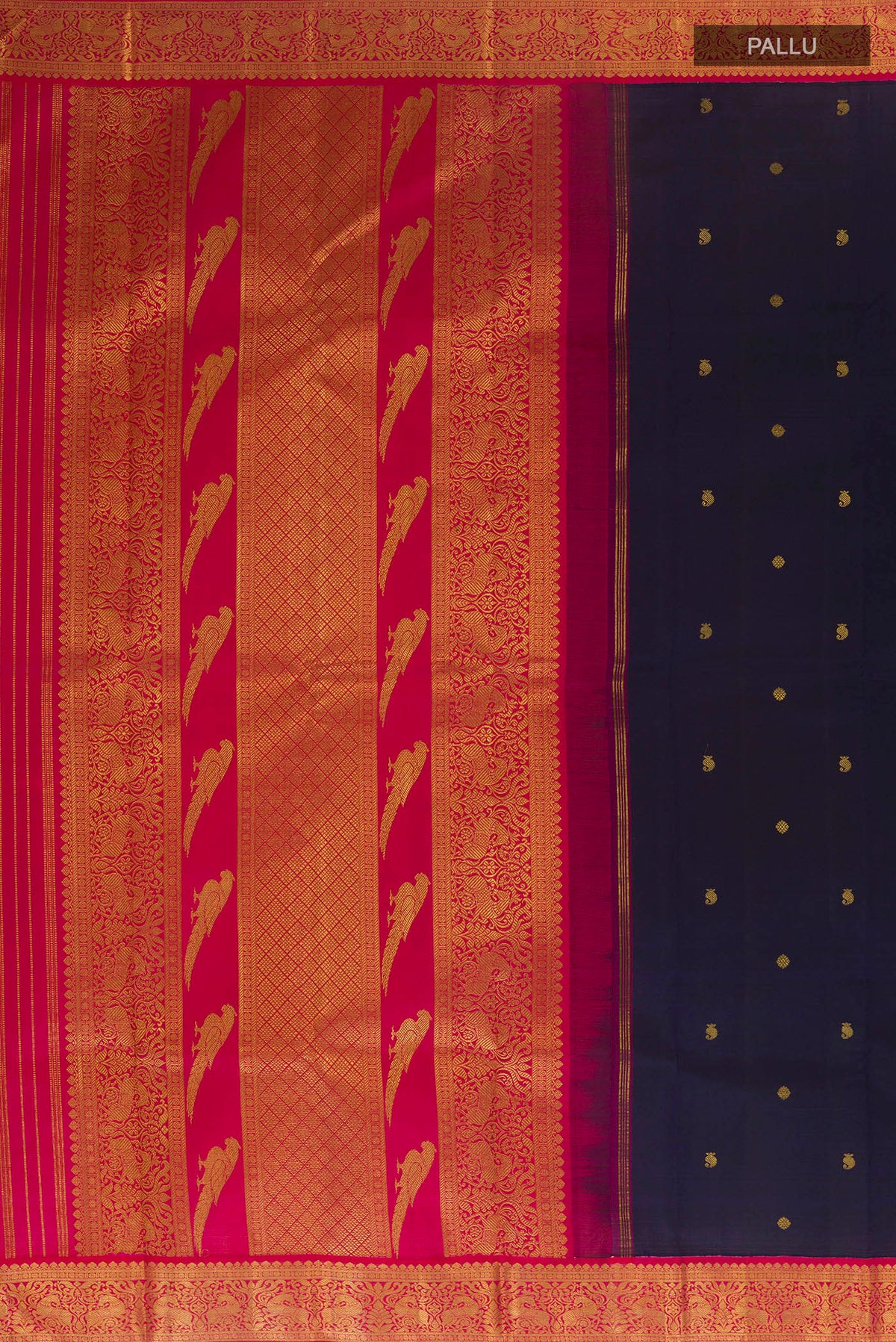 Close up image of the pallu of Pure Silk Navy Blue Kanchipuram Saree with Zari Butta on the body and Zari Border. 
