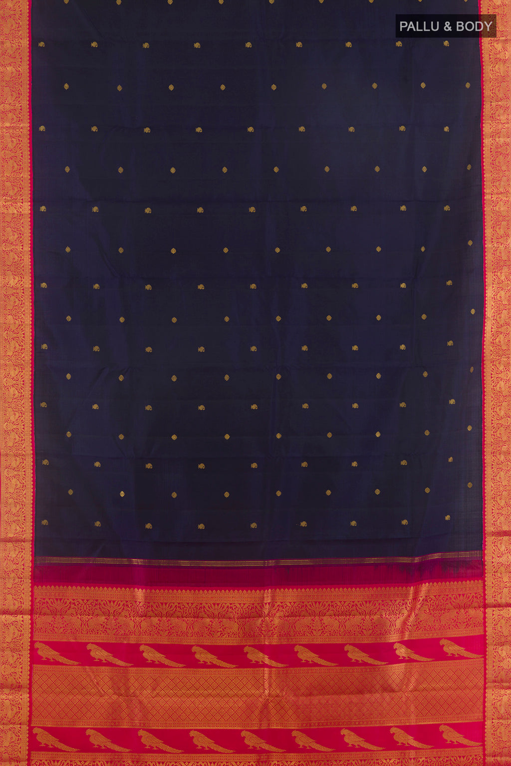 Flat view of Pure Silk Navy Blue Kanchipuram Saree with Zari Butta on the body and Zari Border. 