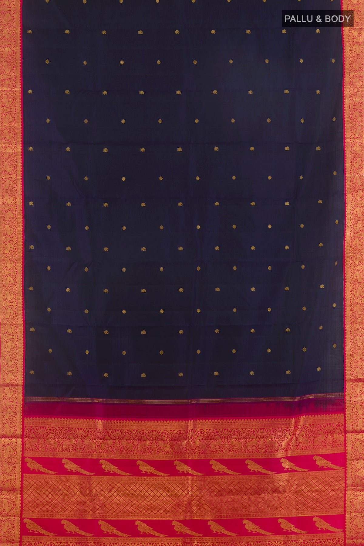 Flat view of Pure Silk Navy Blue Kanchipuram Saree with Zari Butta on the body and Zari Border. 