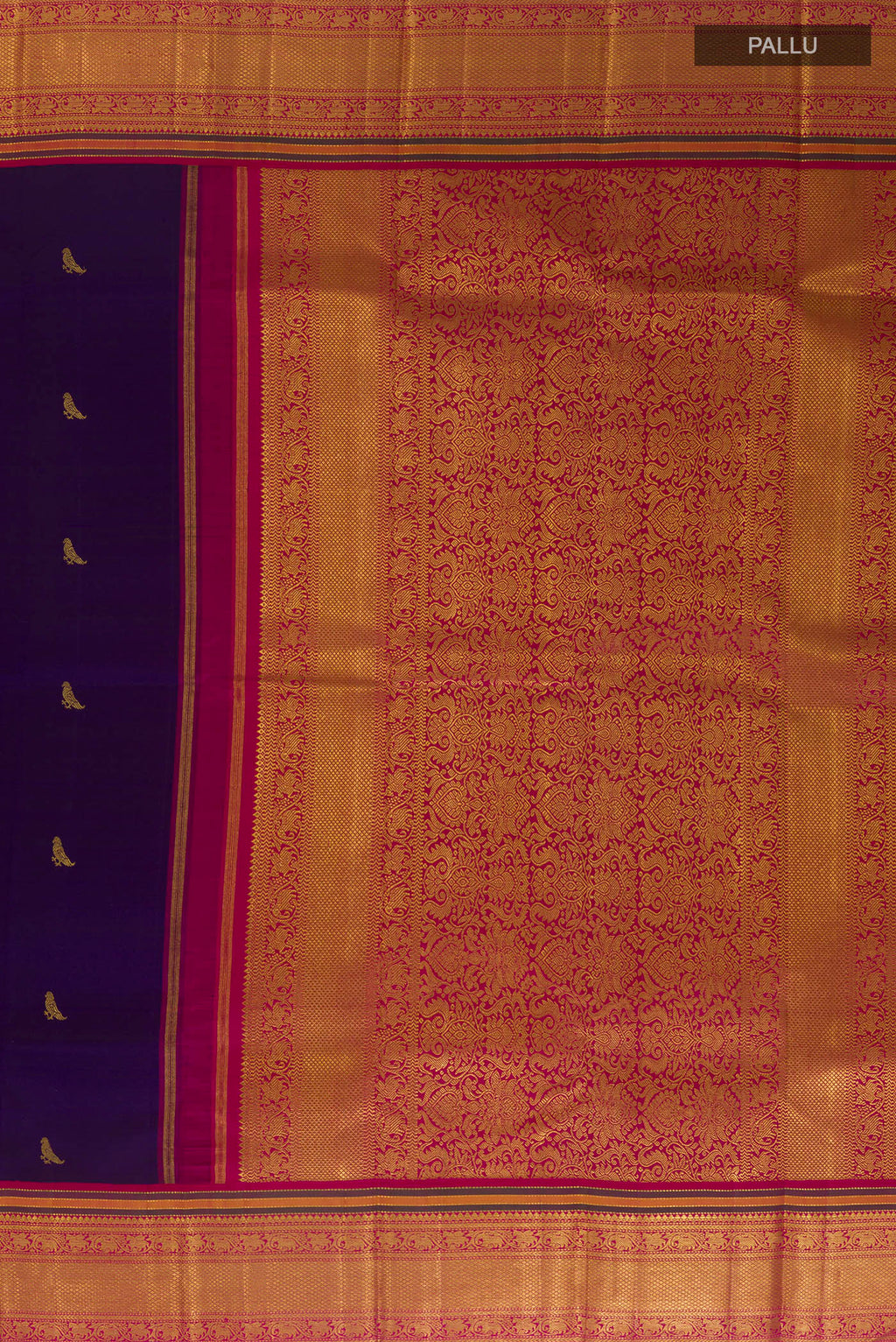 Close up image of the pallu of Pure Silk Pure Zari Navy Blue Kanchipuram Saree with Zari Butta on the body and Zari Border. 
