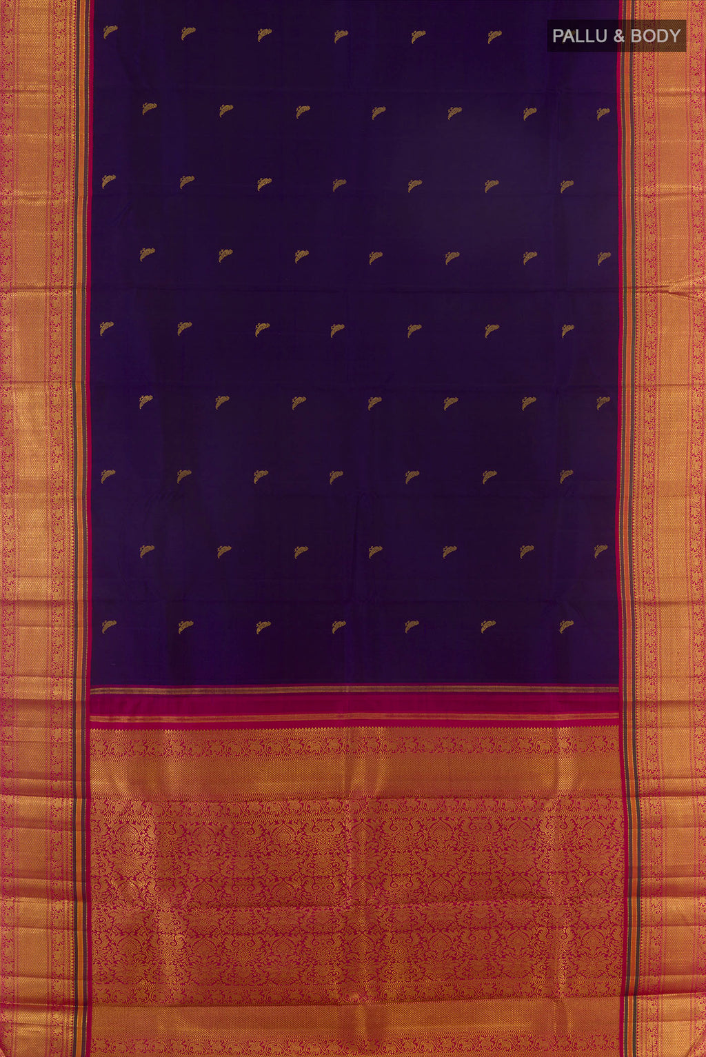 Flat view of Pure Silk Pure Zari Navy Blue Kanchipuram Saree with Zari Butta on the body and Zari Border. 