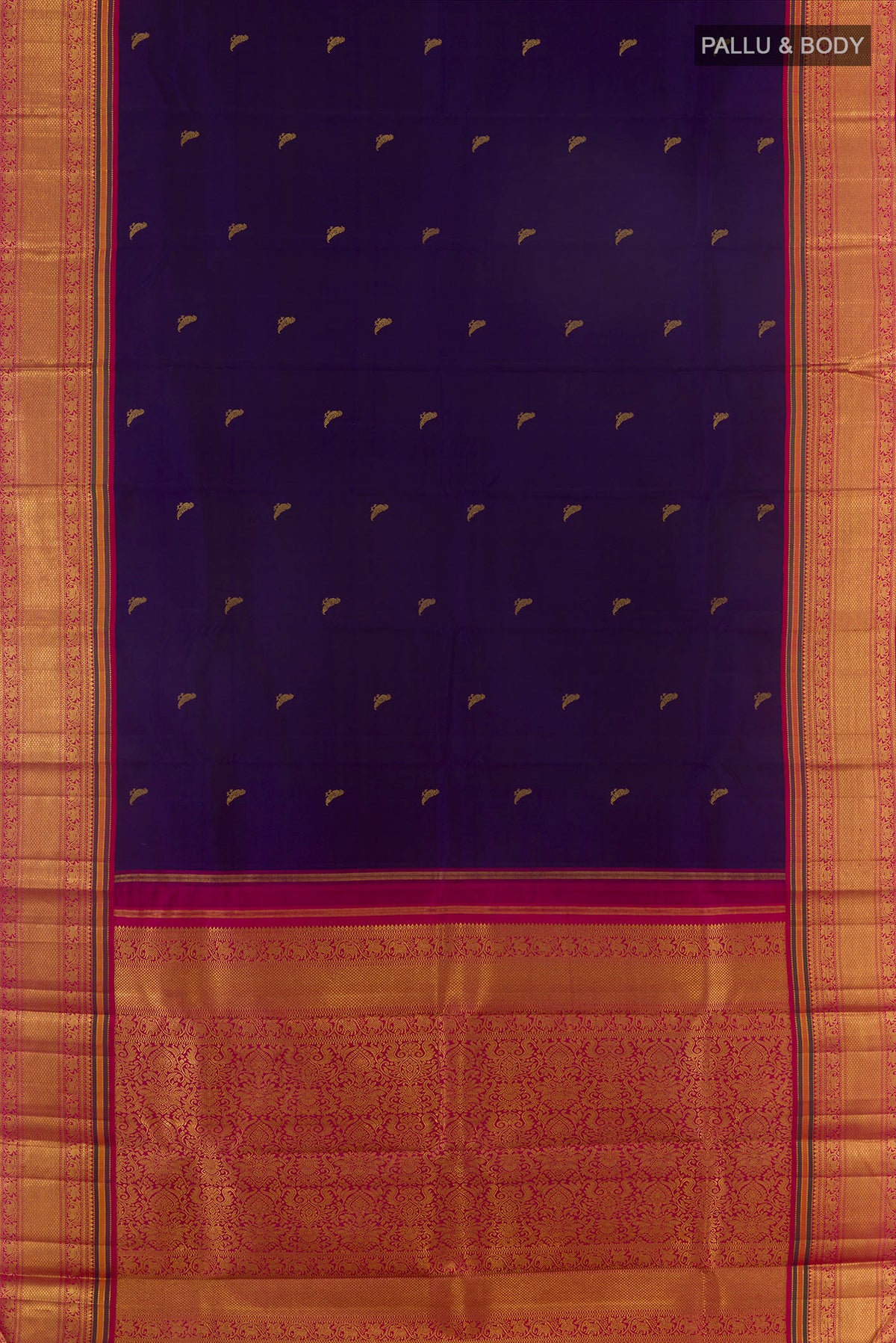 Flat view of Pure Silk Pure Zari Navy Blue Kanchipuram Saree with Zari Butta on the body and Zari Border. 