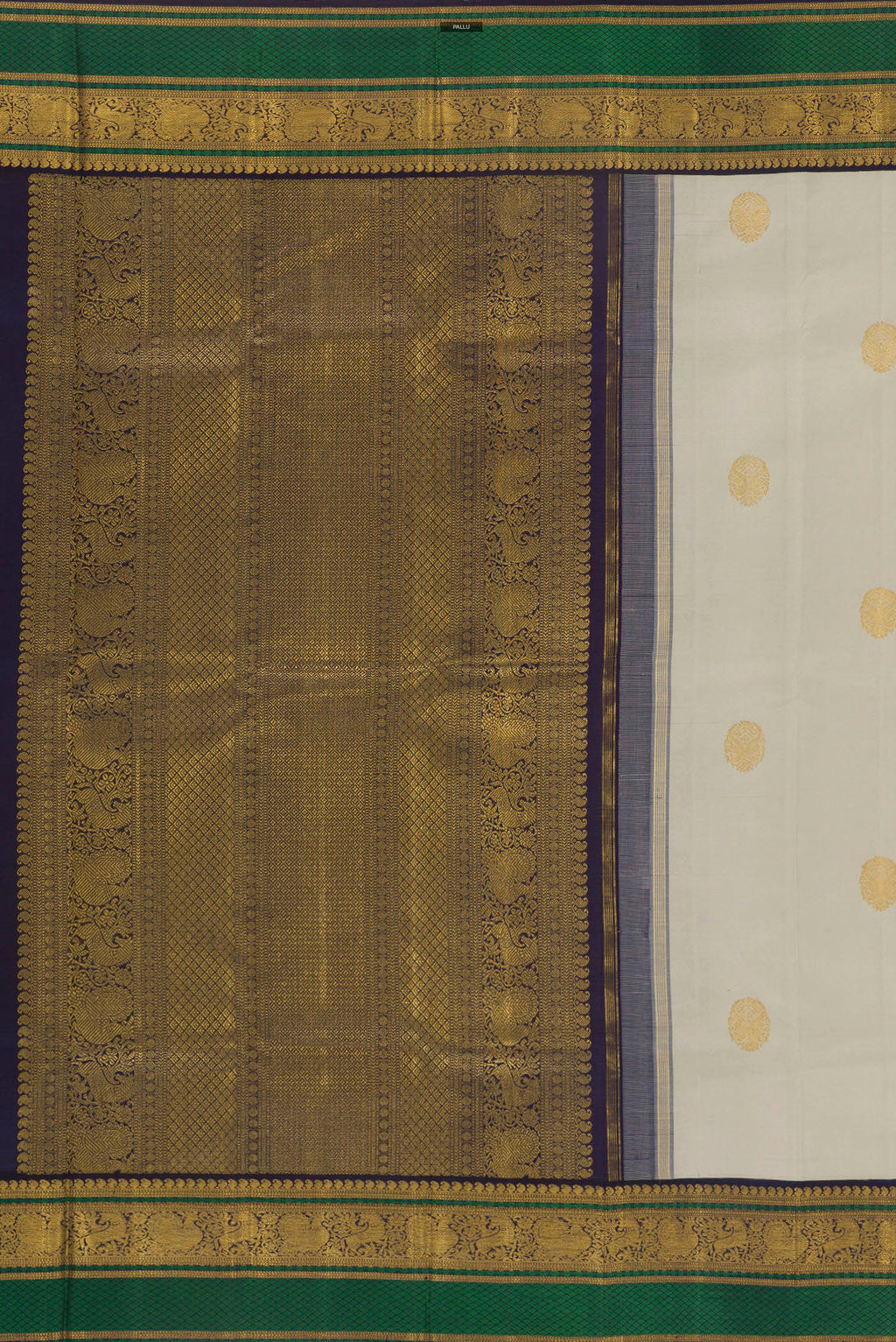 Close up image of the pallu of Pure Silk Off White Kanchipuram Saree with Zari Butta on the body and Zari Border. 