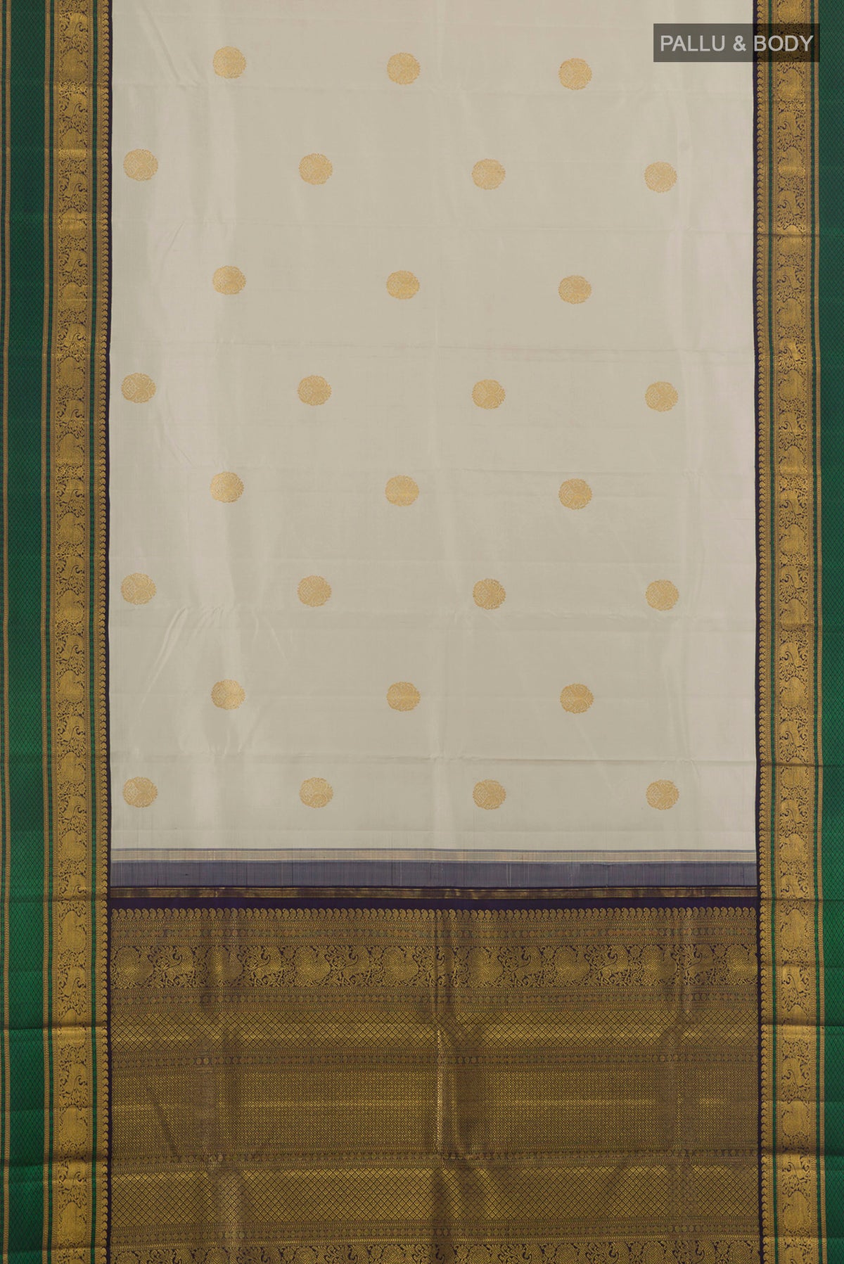 Flat view of Pure Silk Off White Kanchipuram Saree with Zari Butta on the body and Zari Border. 