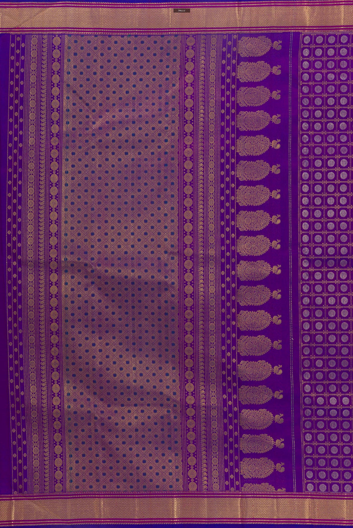 Close up image of the pallu of Pure Silk Purple Kanchipuram Saree with Zari Brocade on the body and Zari Border. 
