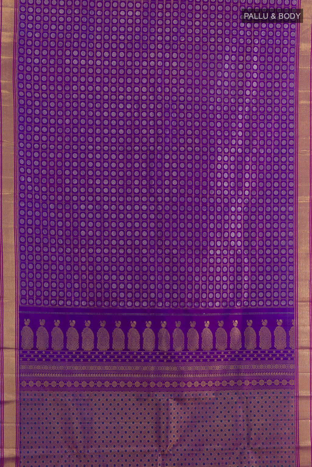 Flat view of Pure Silk Purple Kanchipuram Saree with Zari Brocade on the body and Zari Border. 