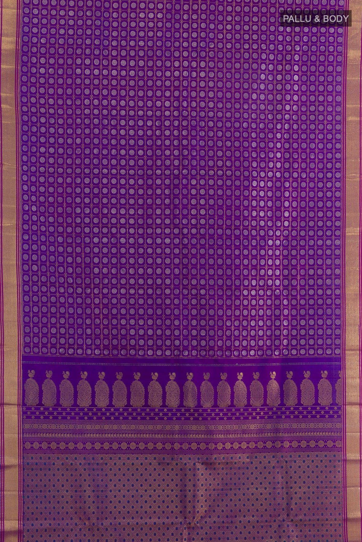 Flat view of Pure Silk Purple Kanchipuram Saree with Zari Brocade on the body and Zari Border. 