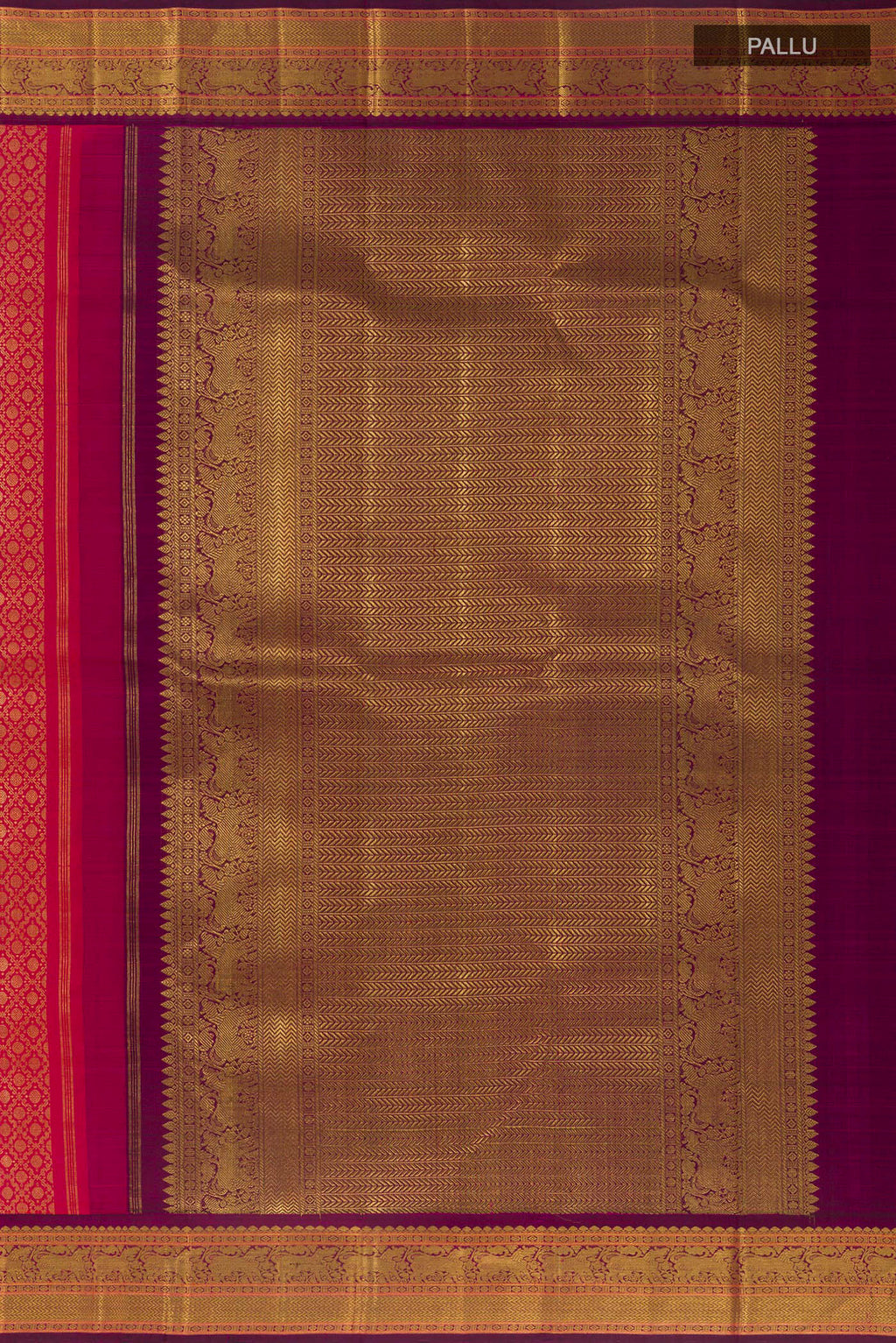 Close up image of the pallu of Pure Silk Pink Kanchipuram Saree with Zari Brocade on the body and Zari Border. 
