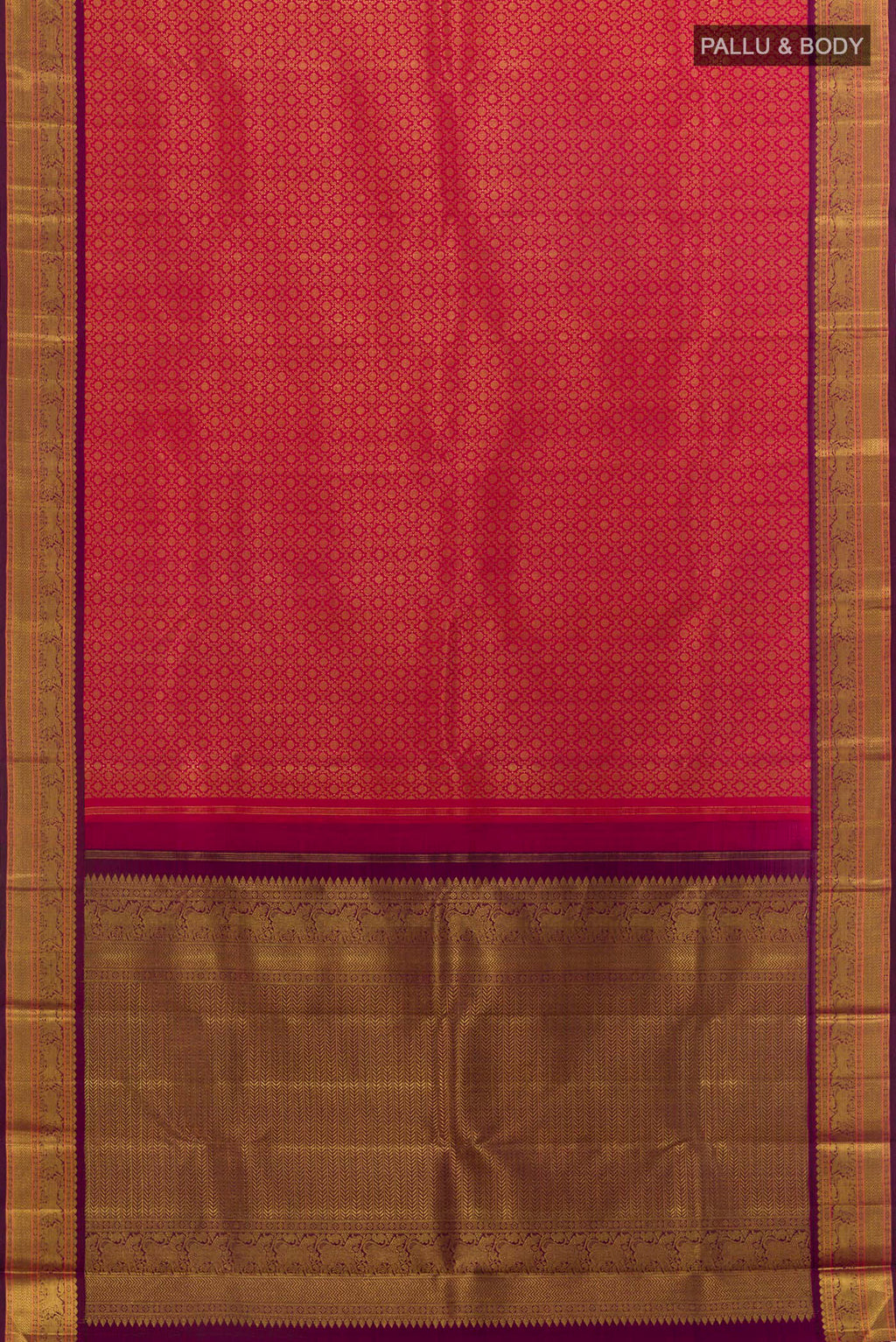 Flat view of Pure Silk Pink Kanchipuram Saree with Zari Brocade on the body and Zari Border. 
