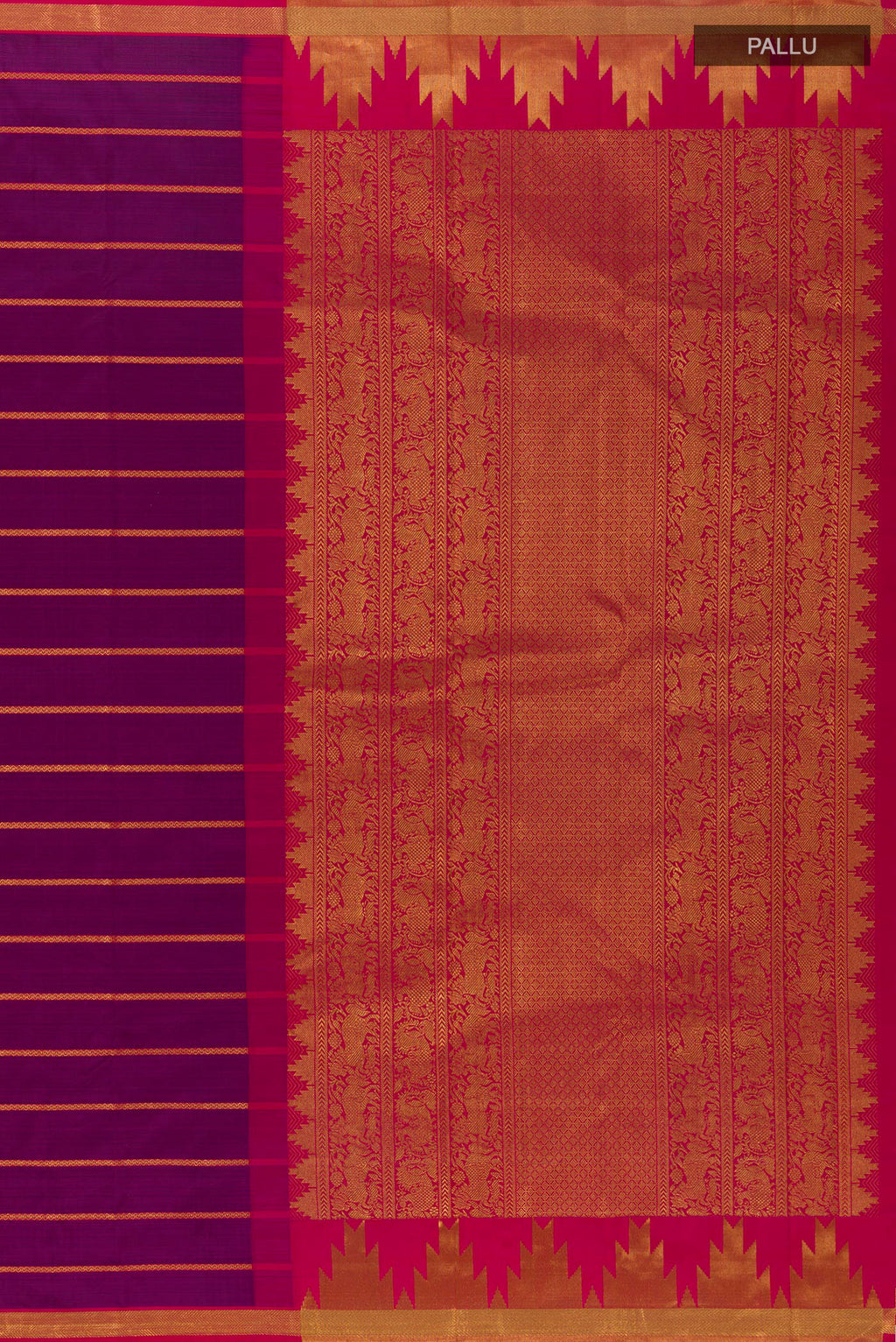 Close up image of the pallu of Pure Silk Purple Kanchipuram Saree with Stripes on the body and Zari Border. 