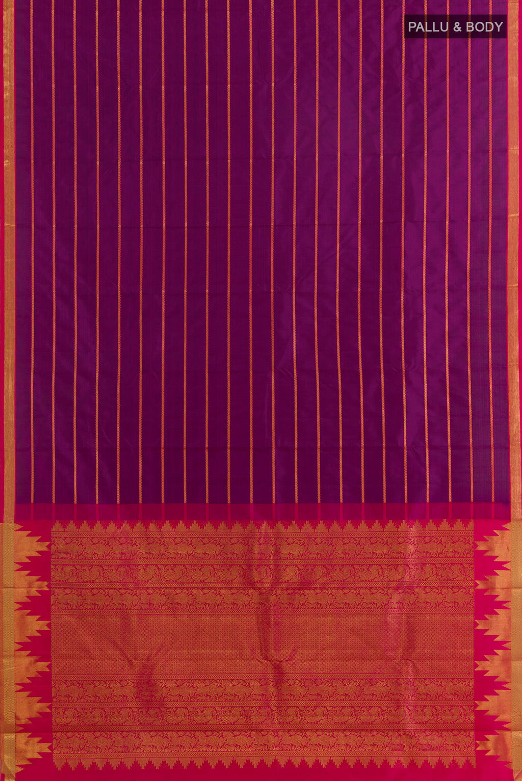 Flat view of Pure Silk Purple Kanchipuram Saree with Stripes on the body and Zari Border. 
