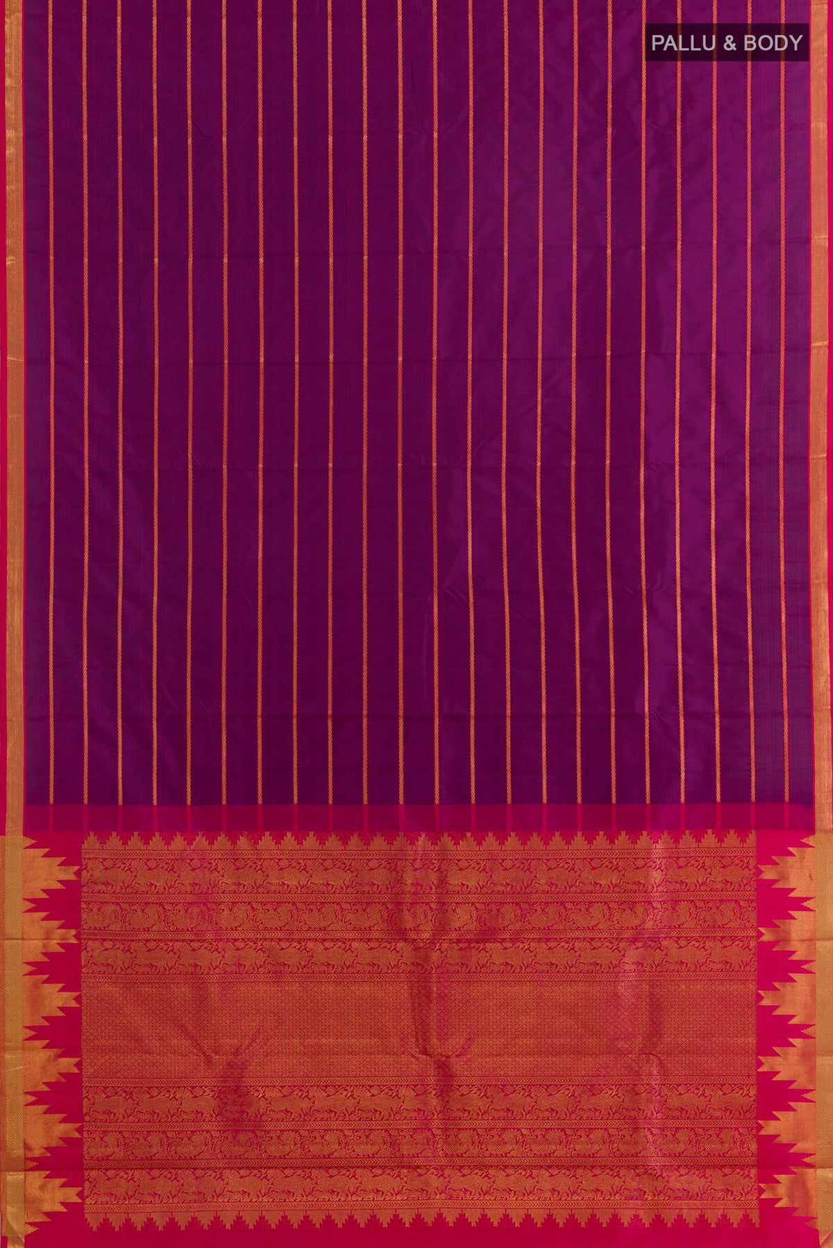 Flat view of Pure Silk Purple Kanchipuram Saree with Stripes on the body and Zari Border. 