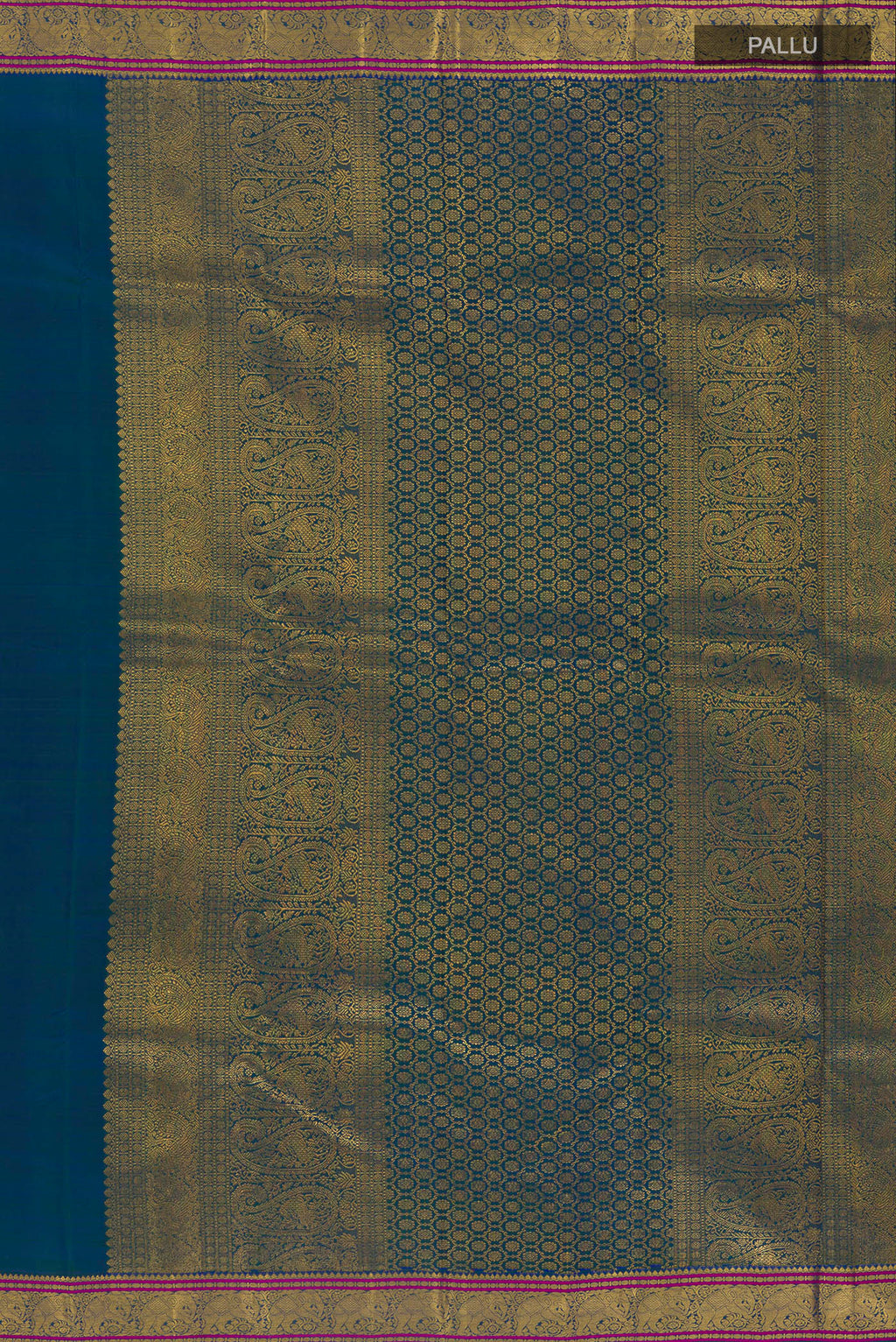 Close up image of the pallu of Pure Silk Peacock Blue Kanchipuram Saree with Zari Butta on the body and Zari Border. 