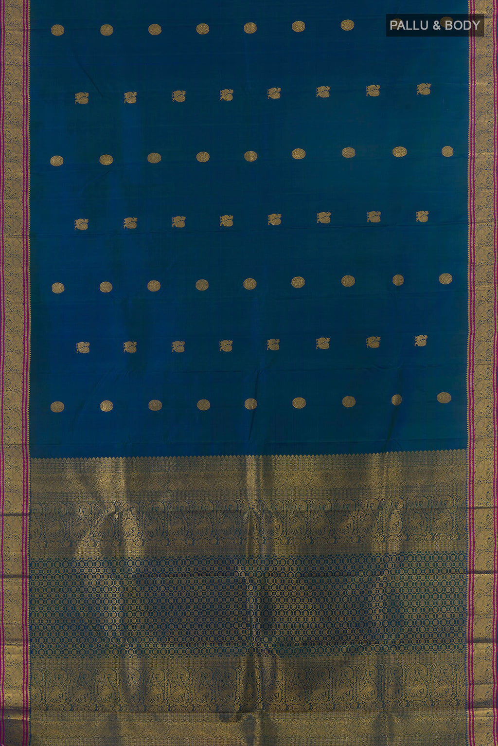 Flat view of Pure Silk Peacock Blue Kanchipuram Saree with Zari Butta on the body and Zari Border. 