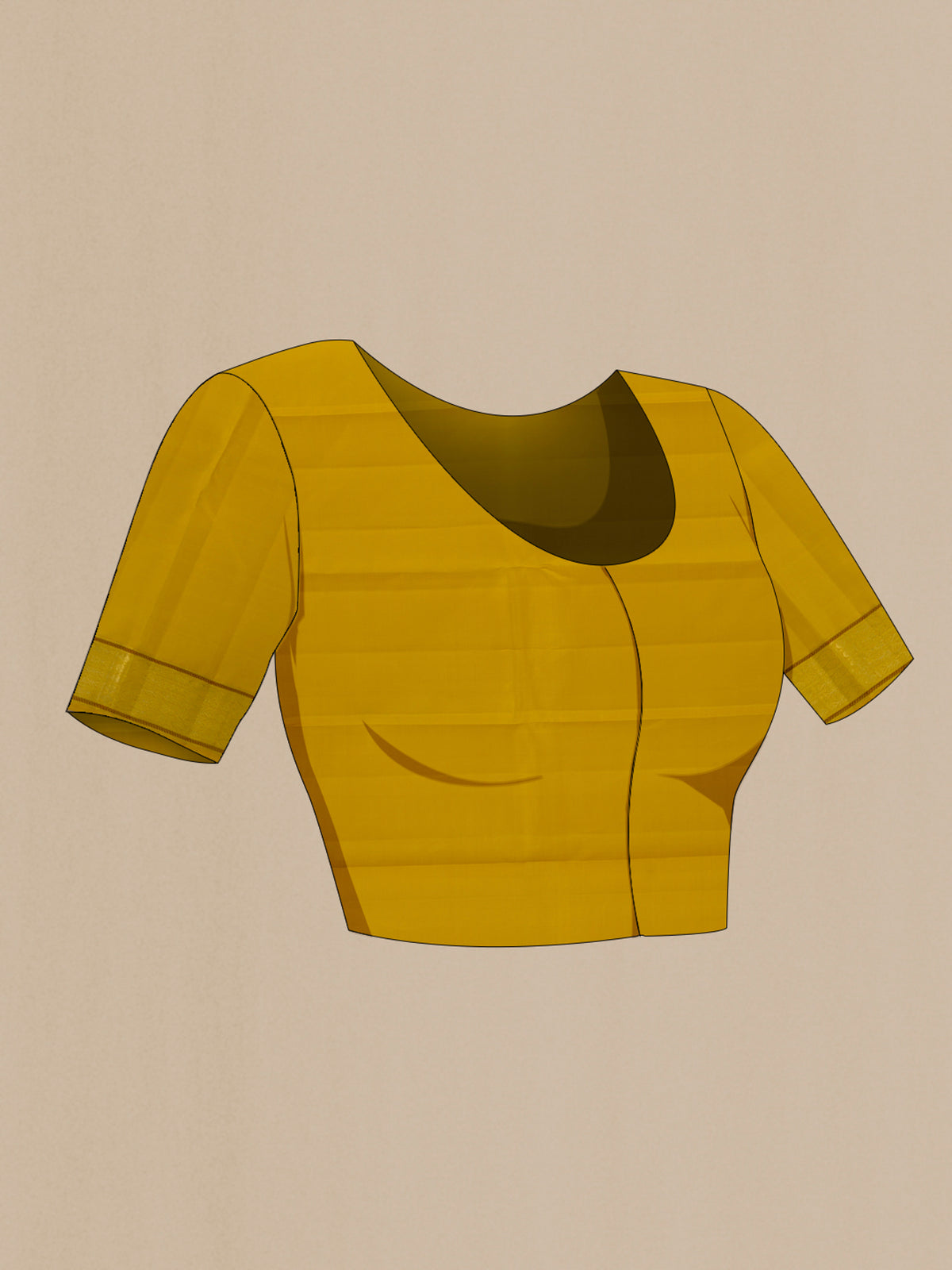 Close up image of the blouse of Pure Silk Yellow Kanchipuram Saree with Zari Butta on the body and Zari Border. 
