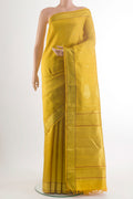 Pure Silk Yellow Kanchipuram Saree with Zari Butta on the body and Zari Border.  displayed on a mannequin
