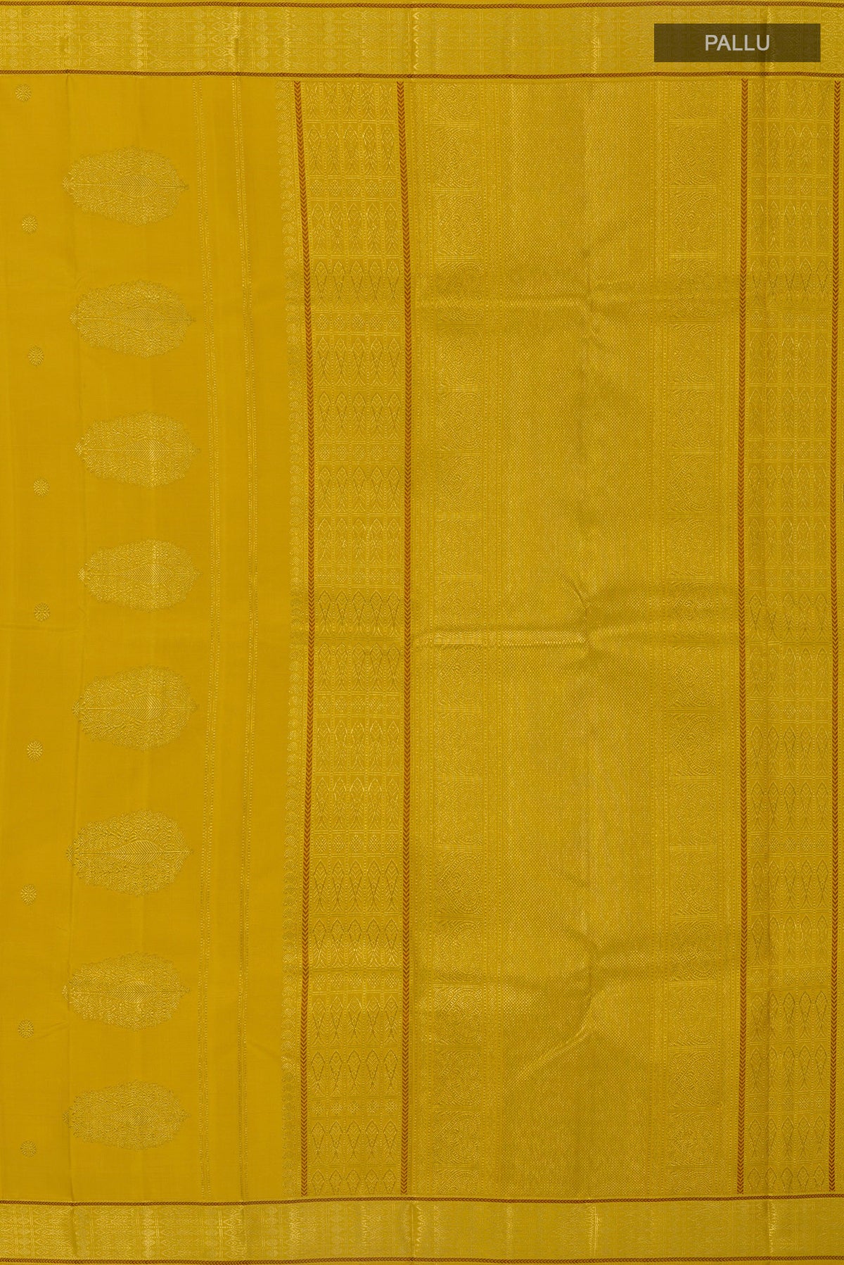 Close up image of the pallu of Pure Silk Yellow Kanchipuram Saree with Zari Butta on the body and Zari Border. 
