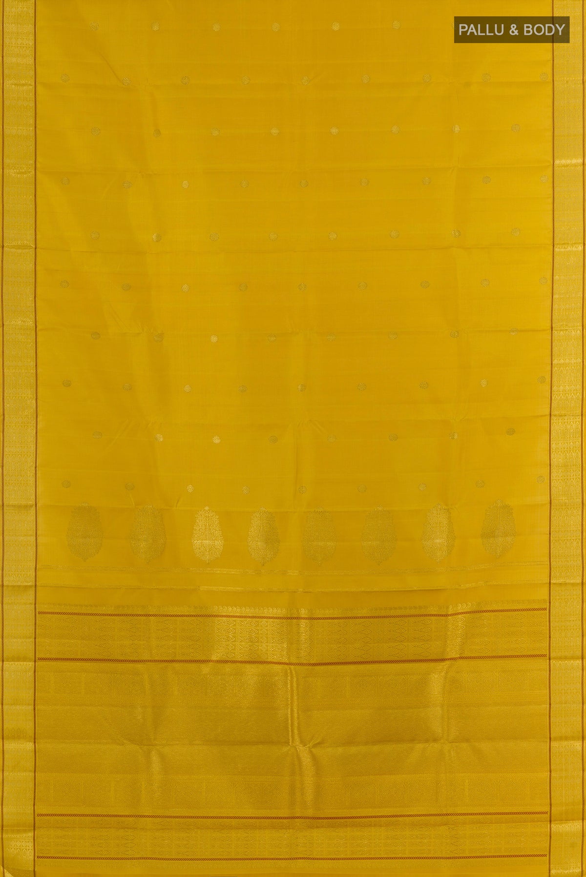 Flat view of Pure Silk Yellow Kanchipuram Saree with Zari Butta on the body and Zari Border. 