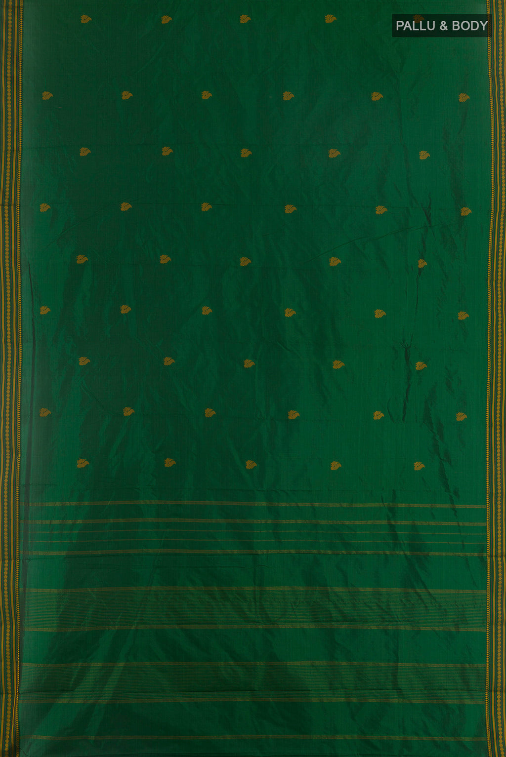 Flat view of Pure Silk Green Kanchipuram Saree with Thread Butta on the body and Thread Border. 