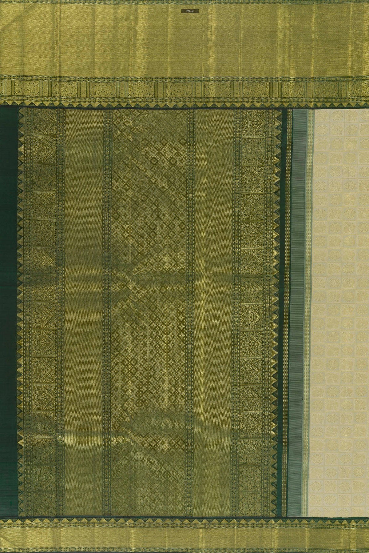 Close up image of the pallu of Pure Silk Pure Zari Off White Kanjivaram Saree with Zari Brocade on the body and Zari Border. 