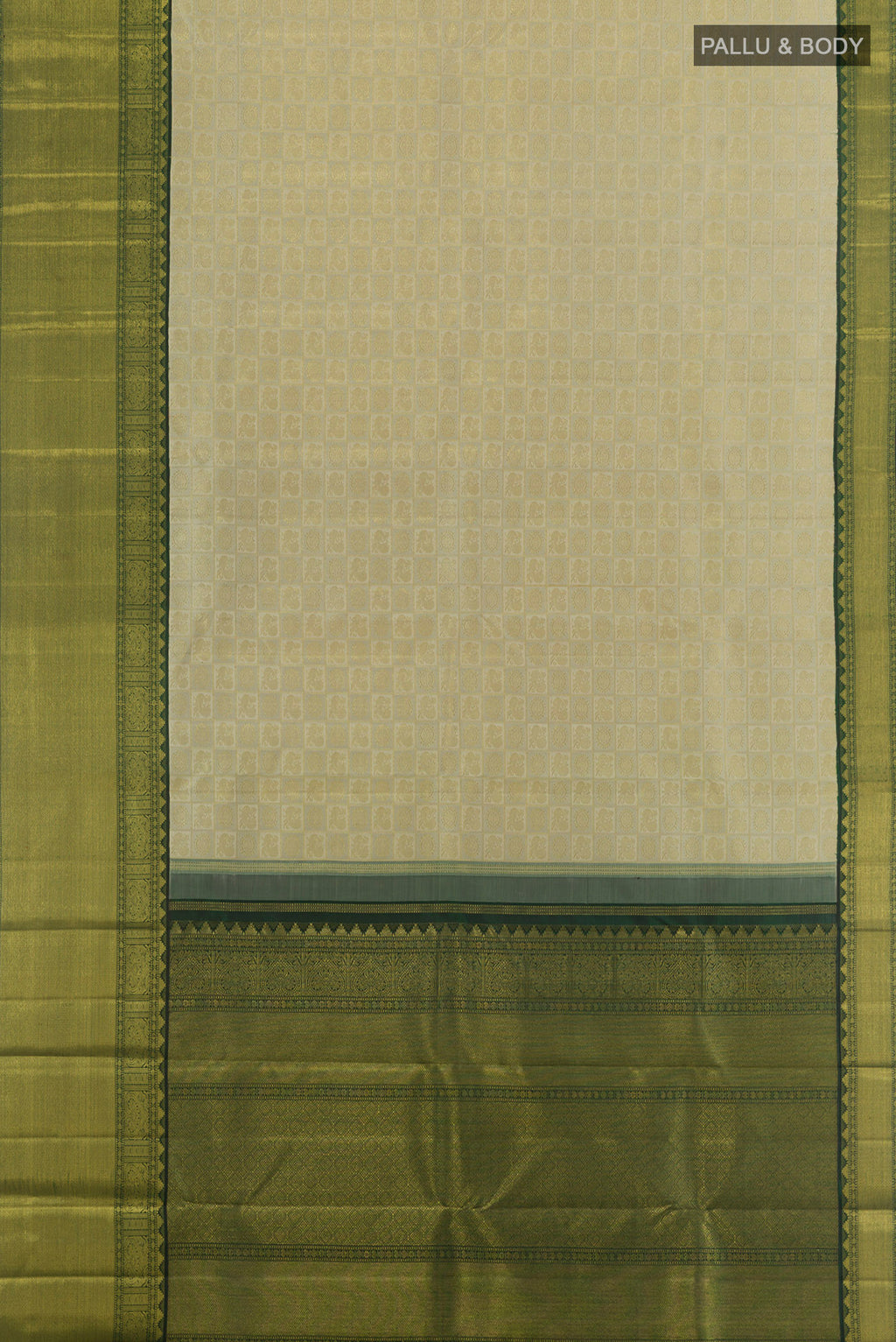 Flat view of Pure Silk Pure Zari Off White Kanjivaram Saree with Zari Brocade on the body and Zari Border. 