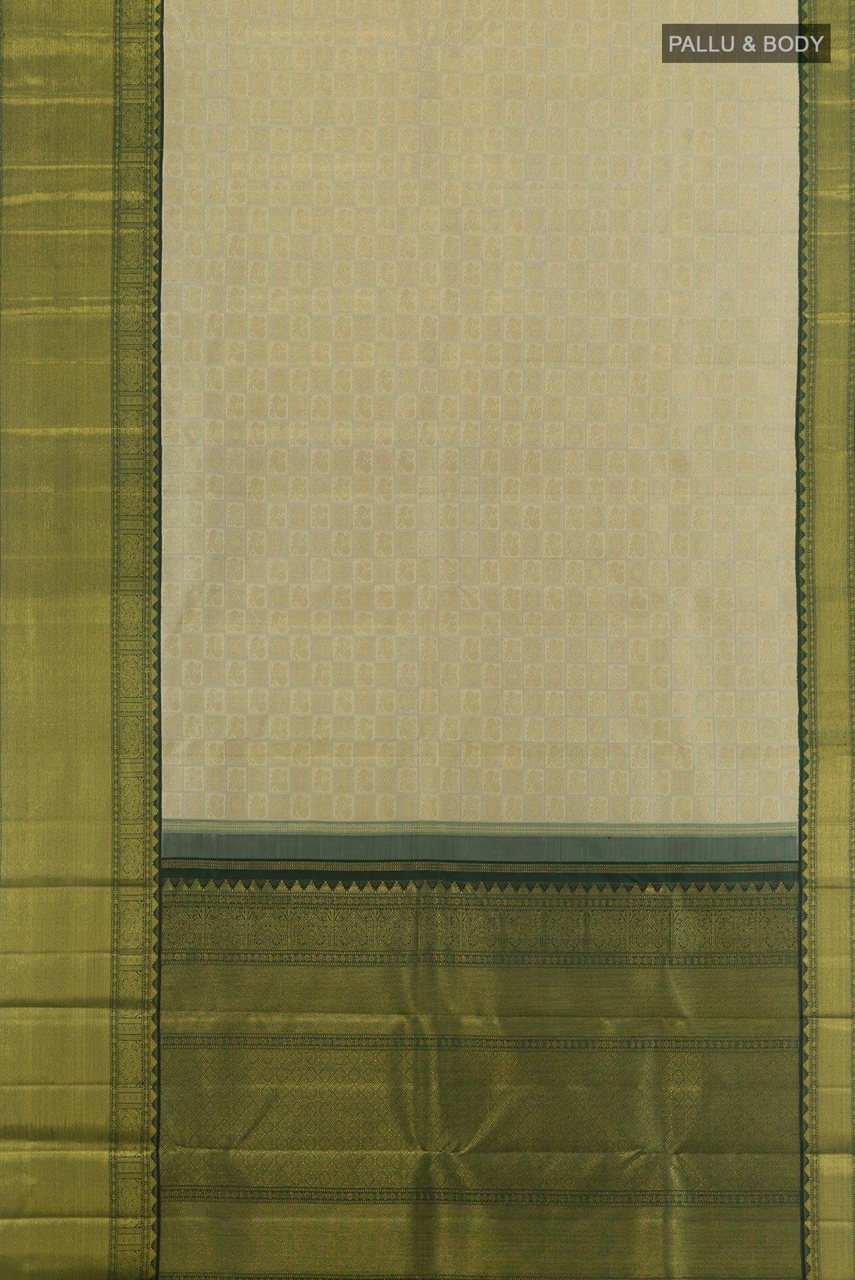 Flat view of Pure Silk Pure Zari Off White Kanjivaram Saree with Zari Brocade on the body and Zari Border. 