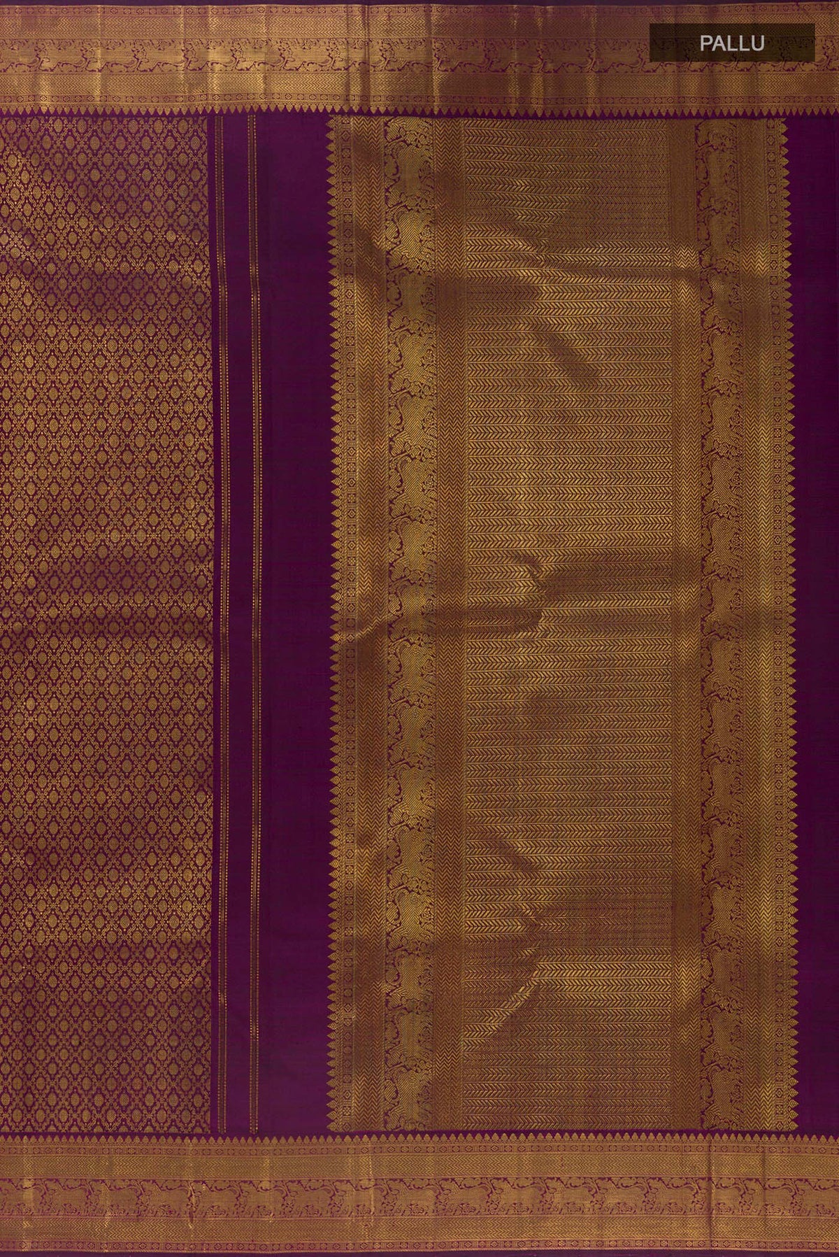 Close up image of the pallu of Pure Silk Purple Kanjivaram Saree with Zari Brocade on the body and Zari Border. 
