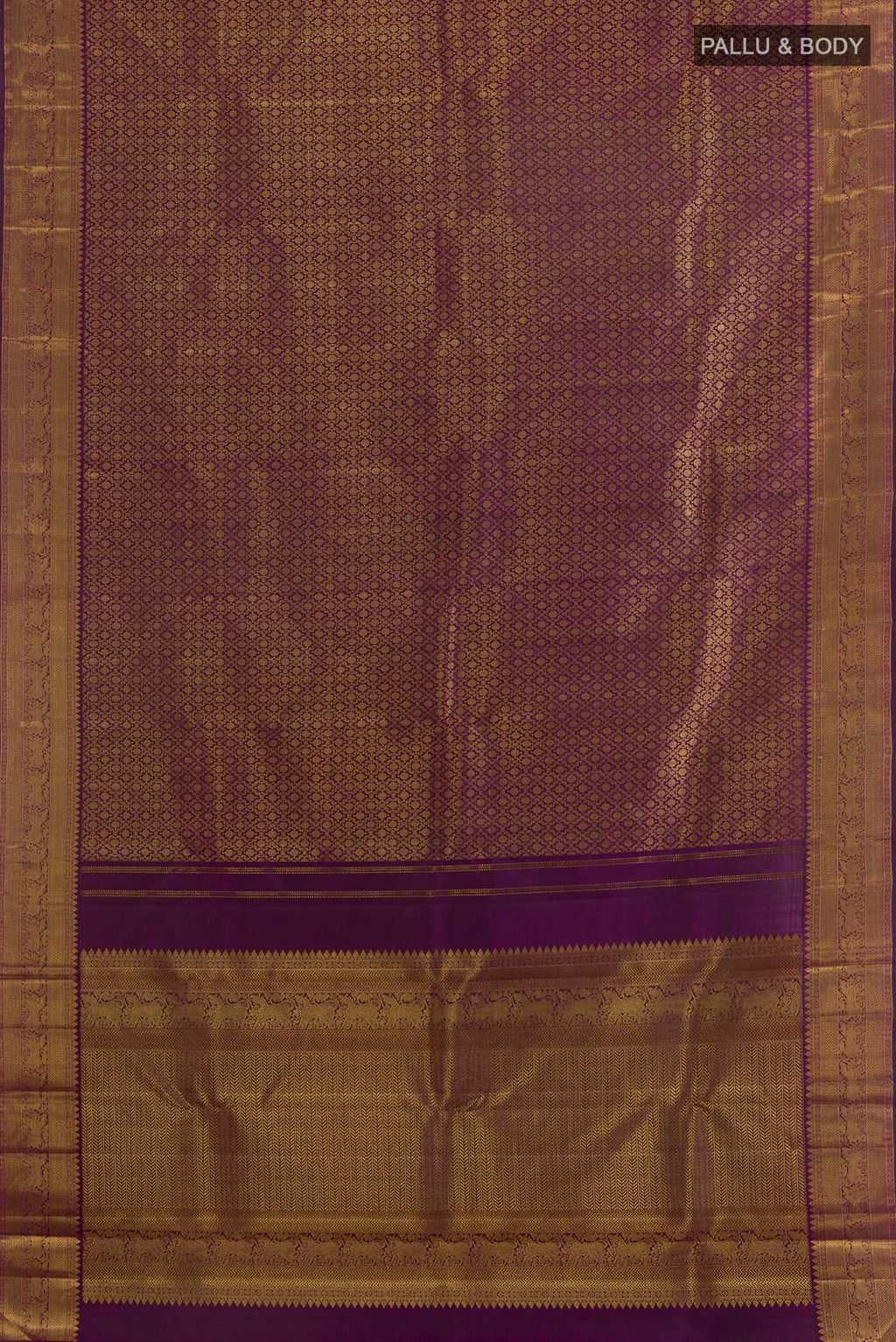 Flat view of Pure Silk Purple Kanjivaram Saree with Zari Brocade on the body and Zari Border. 