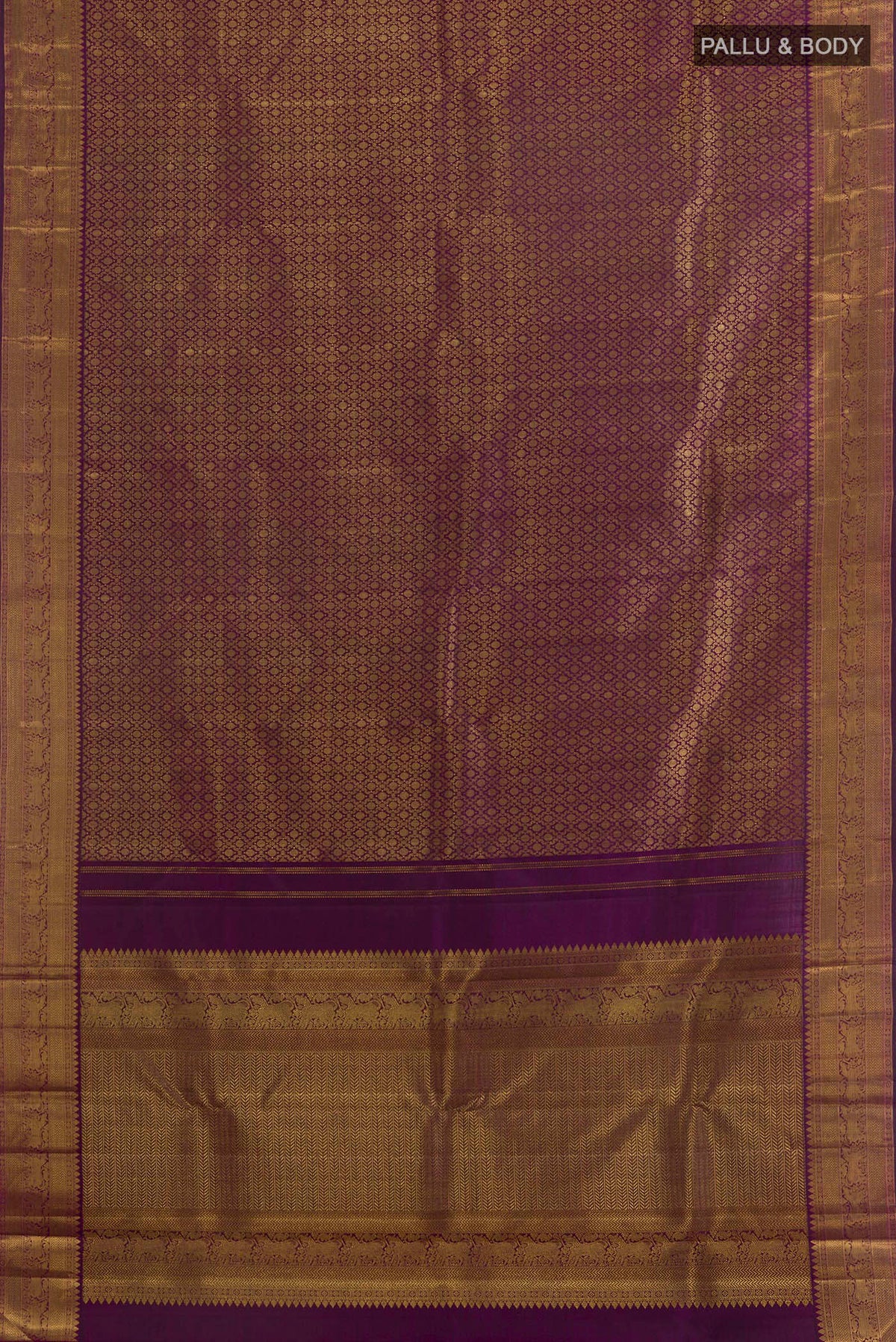 Flat view of Pure Silk Purple Kanjivaram Saree with Zari Brocade on the body and Zari Border. 