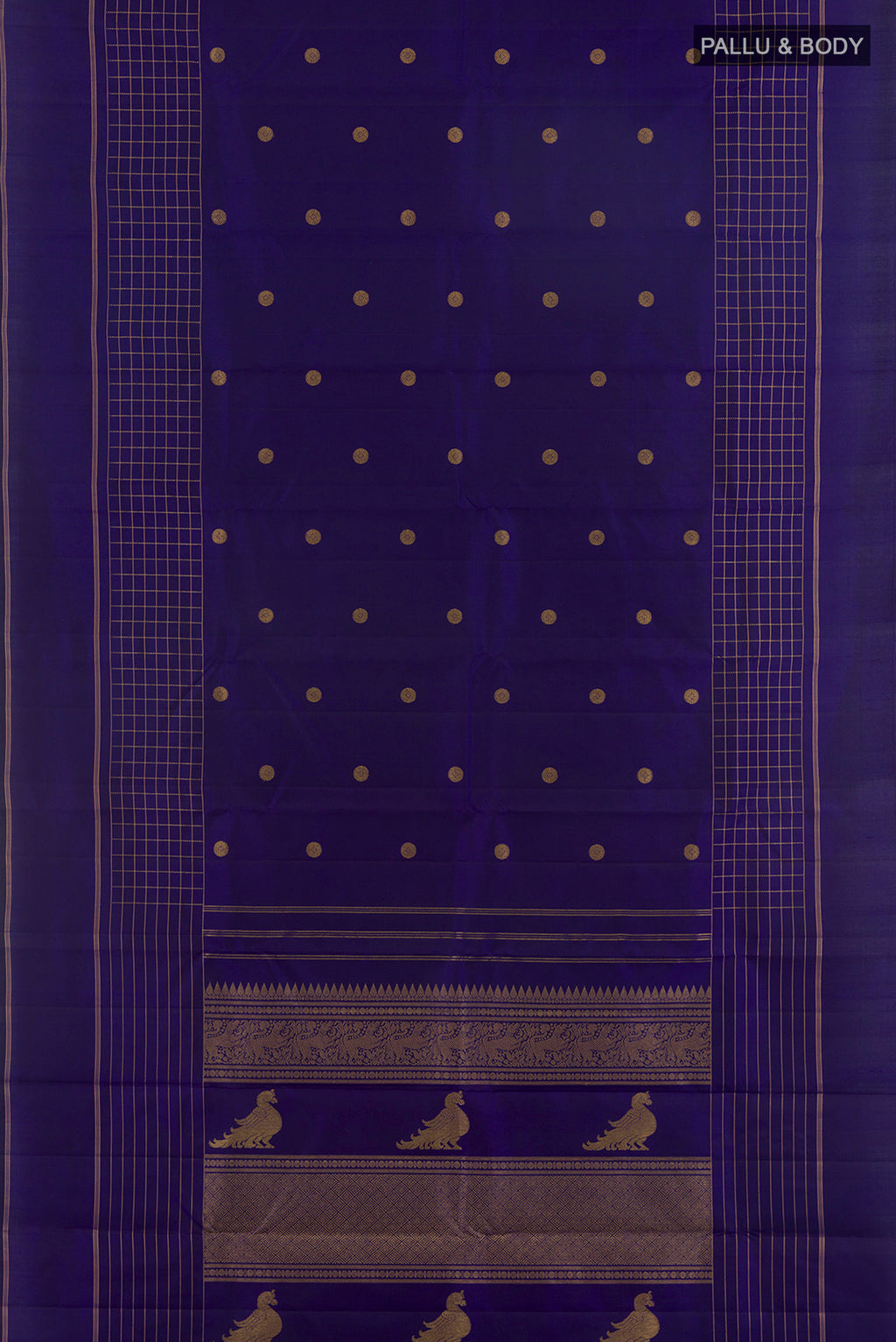 Flat view of Pure Silk Blue Kanjivaram Saree with Zari Butta on the body and Zari Border. 