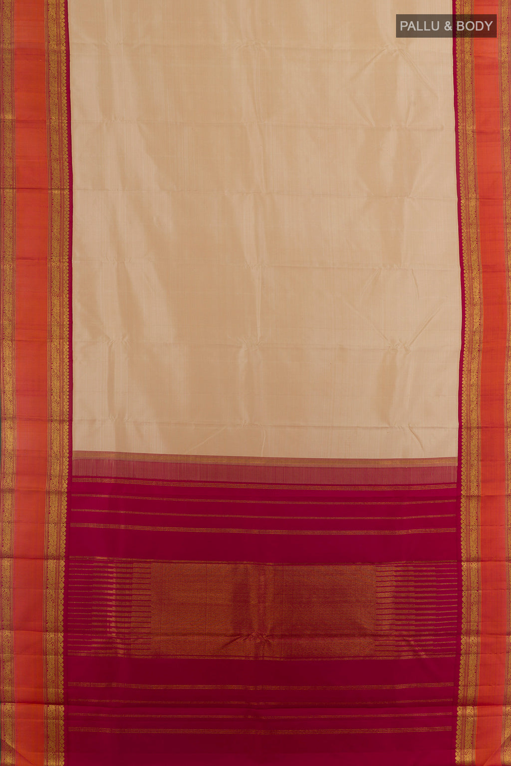 Flat view of Pure Silk Cream Kanjivaram Saree with Plain Body and Zari Border. 