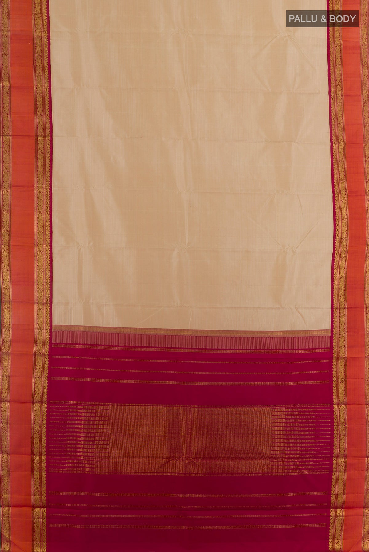 Flat view of Pure Silk Cream Kanjivaram Saree with Plain Body and Zari Border. 
