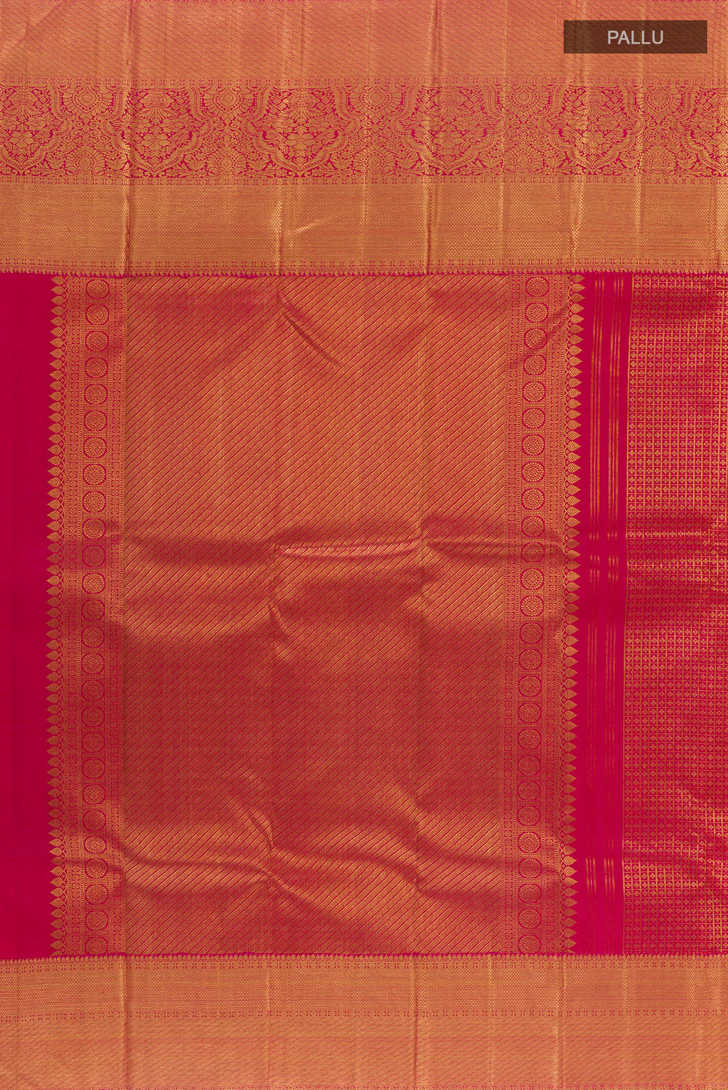 Close up image of the pallu of Pure Silk Red Kanchipuram Saree with Zari Brocade on the body and Zari Border. 