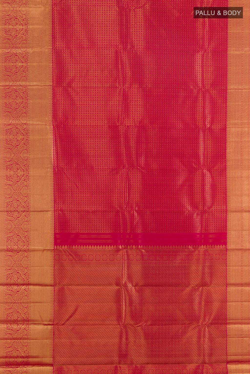 Flat view of Pure Silk Red Kanchipuram Saree with Zari Brocade on the body and Zari Border. 