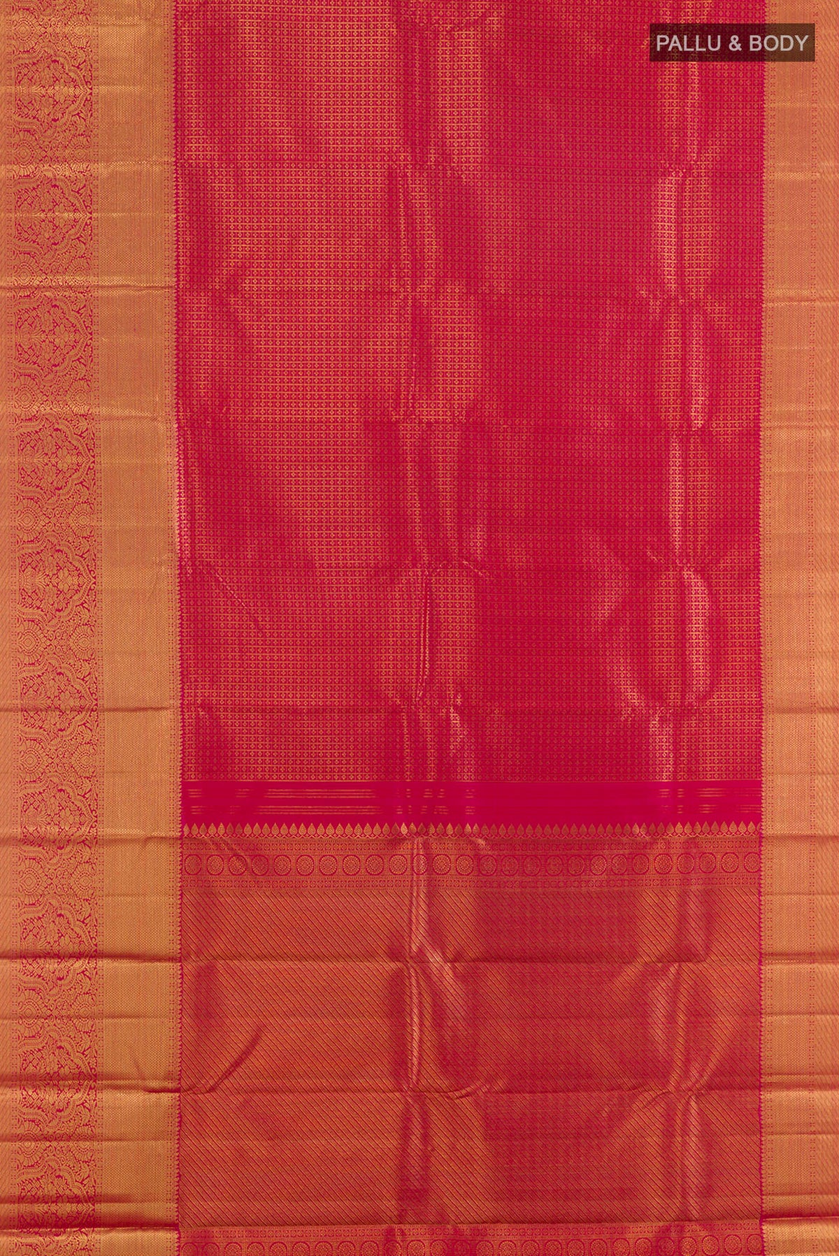 Flat view of Pure Silk Red Kanchipuram Saree with Zari Brocade on the body and Zari Border. 