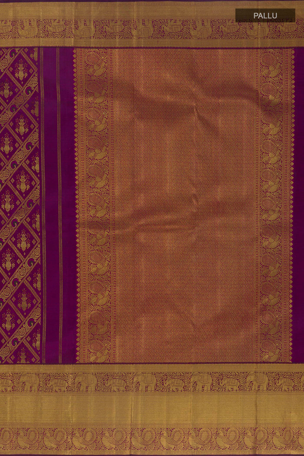 Close up image of the pallu of Pure Silk Purple Kanchipuram Saree with Zari Brocade on the body and Zari Border. 