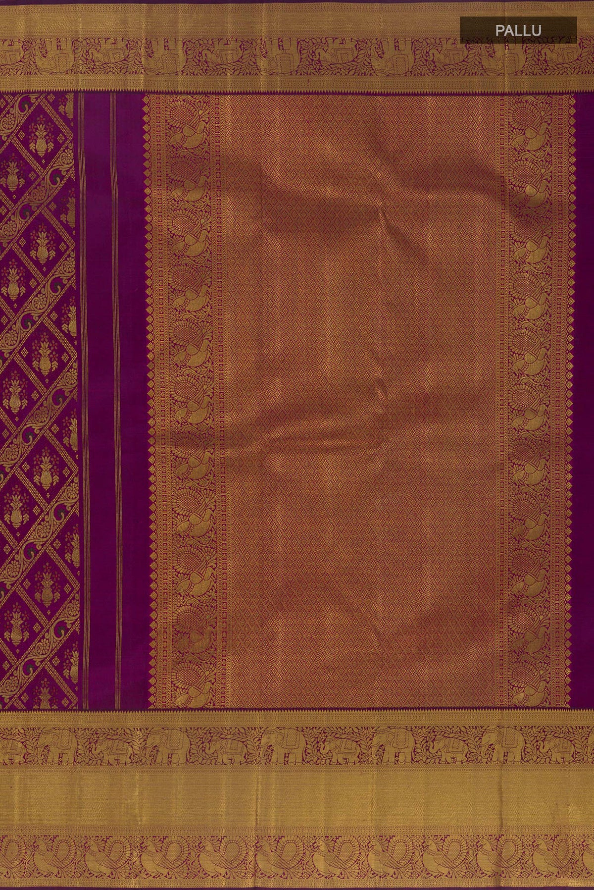 Close up image of the pallu of Pure Silk Purple Kanchipuram Saree with Zari Brocade on the body and Zari Border. 