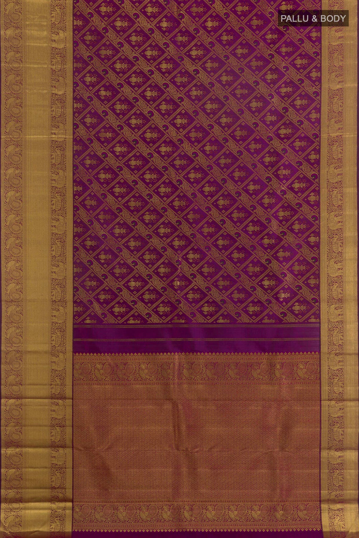Flat view of Pure Silk Purple Kanchipuram Saree with Zari Brocade on the body and Zari Border. 