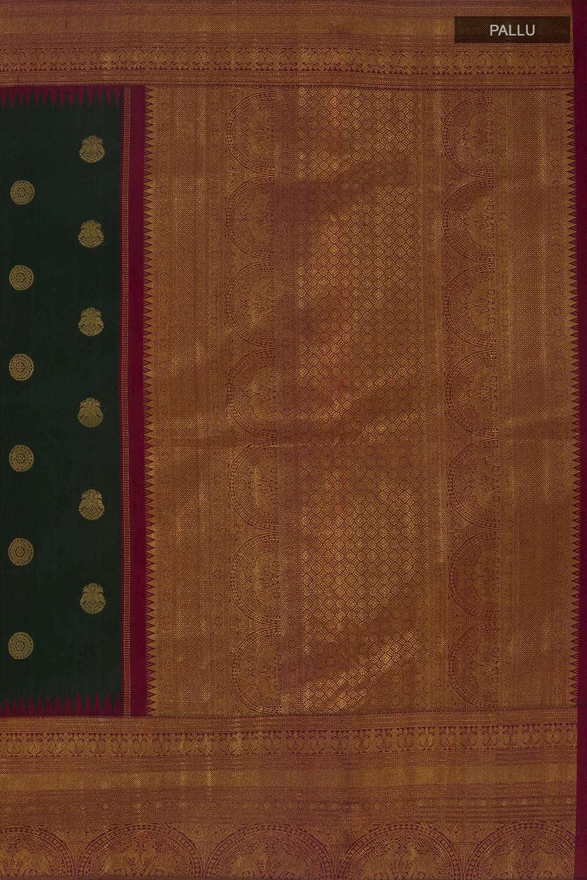 Close up image of the pallu of Pure Silk Green Kanchipuram Saree with Zari Butta on the body and Zari Border. 