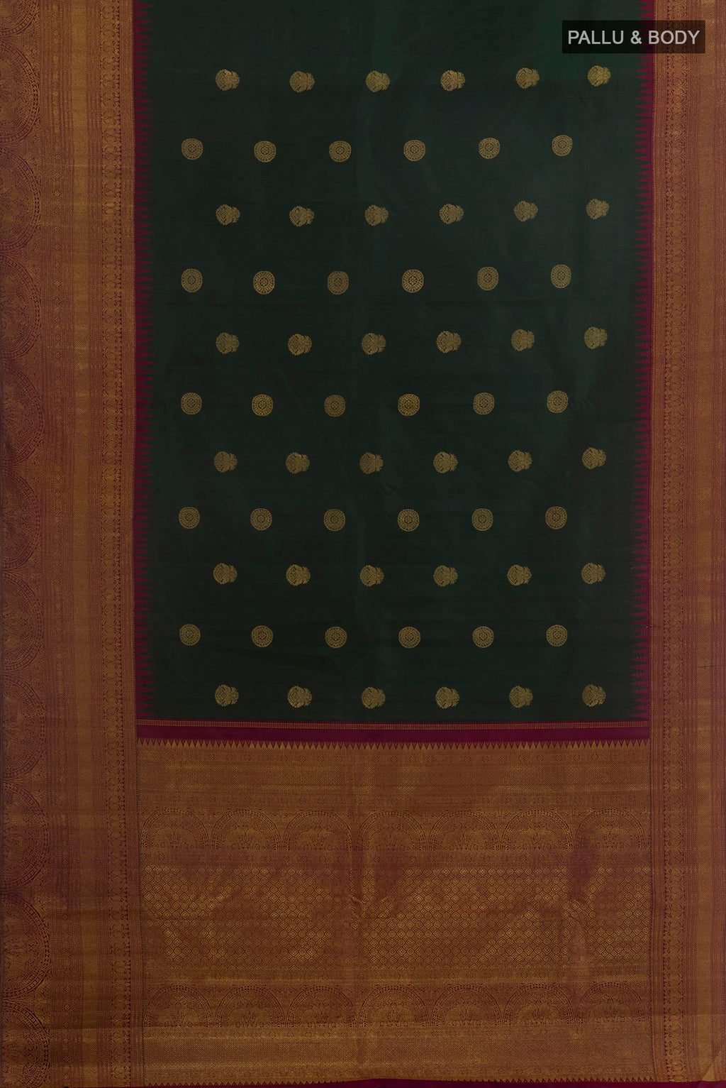 Flat view of Pure Silk Green Kanchipuram Saree with Zari Butta on the body and Zari Border. 