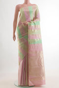 Pure Silk Multi Color Kanchipuram Saree with Stripes on the body and Without Border.  displayed on a mannequin