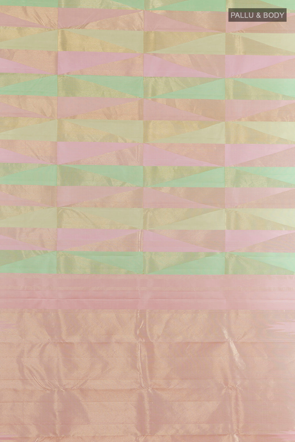 Flat view of Pure Silk Multi Color Kanchipuram Saree with Stripes on the body and Without Border. 