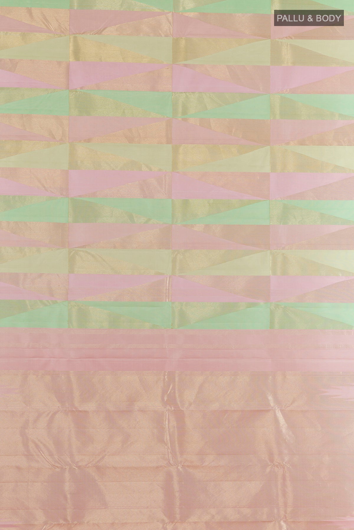 Flat view of Pure Silk Multi Color Kanchipuram Saree with Stripes on the body and Without Border. 