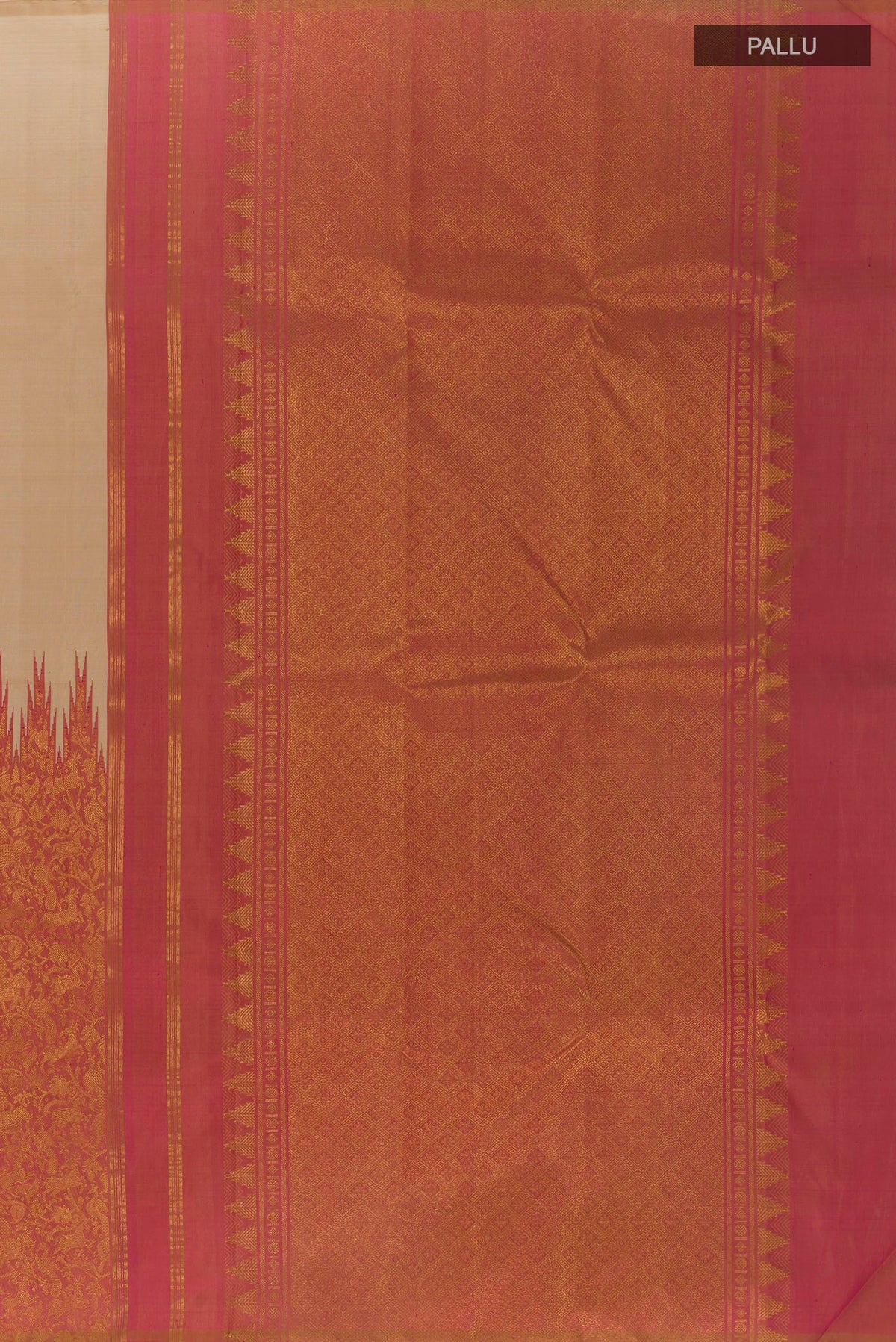 Close up image of the pallu of Pure Silk Beige Kanchipuram Saree with Plain Body and Temple Border. 