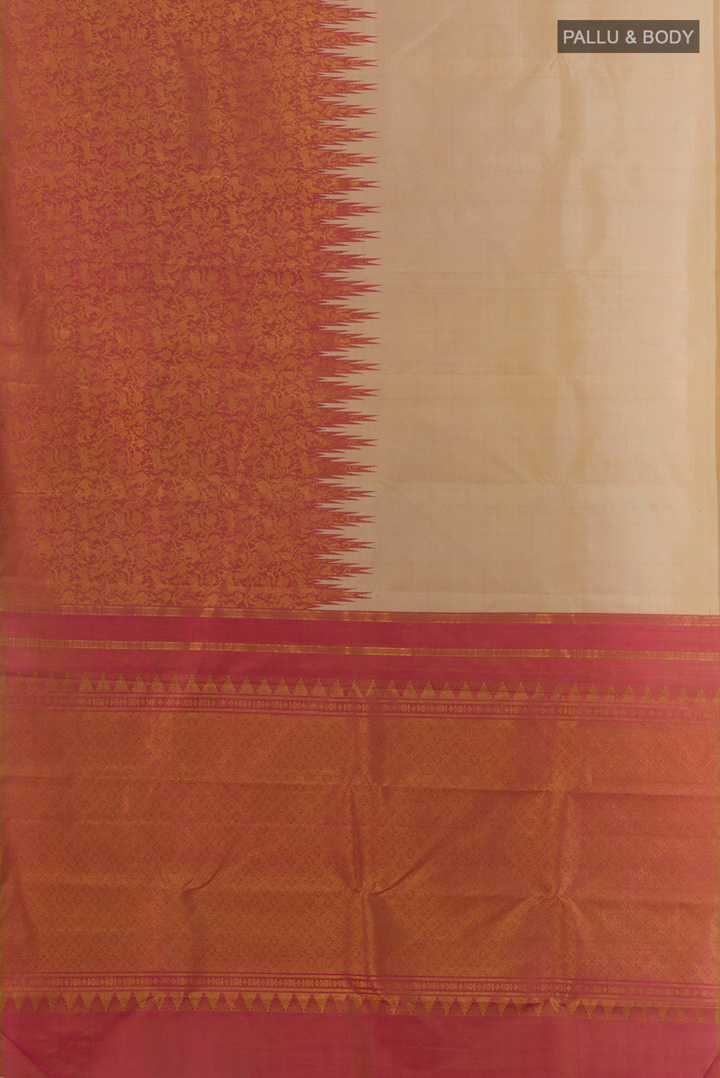 Flat view of Pure Silk Beige Kanchipuram Saree with Plain Body and Temple Border. 